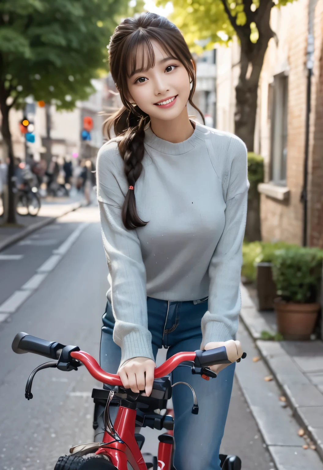 (masterpiece, best quality:1.1), (8k, raw photo, photo realistic:1.2, f22), (shiny skin), detailed skin,ponytail,ribbon,detailed face, detailed eyes,smile,BREAK, real world, intricate details, smil, BREAK, 1girl, full body,(long sleeve,ribbon,check pattern),BREAK, (bike:1.4)