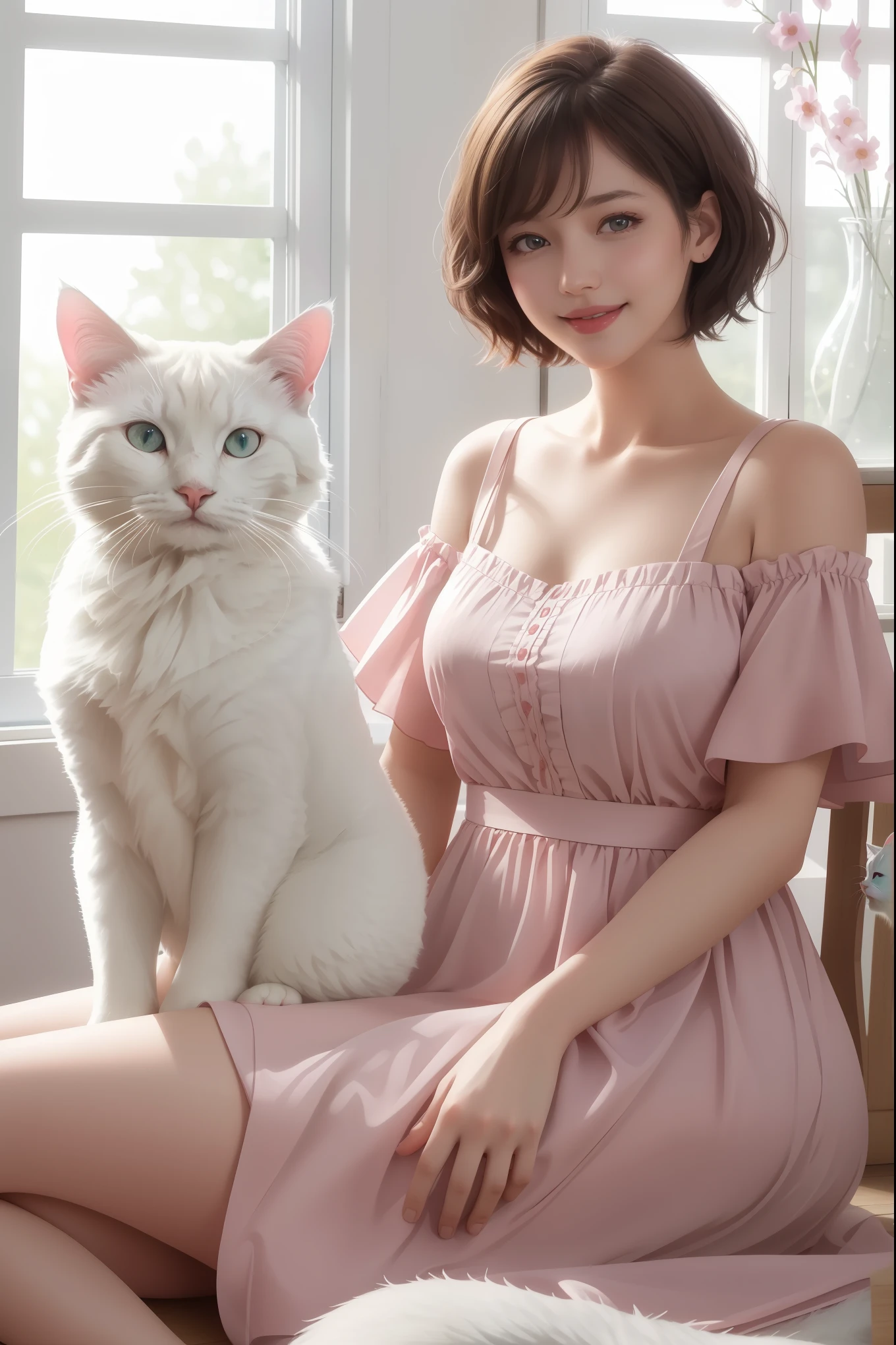 A girl with short hair, gentle eyes, smiling, holding a white cat, cat is white, opened eyes, serene, girl wearing a pink dress, sitting by the window, sunset outside, warm, soft light, (best quality, 4k, 8k, highres, masterpiece:1.2), ultra-detailed, (photorealistic:1.37), studio lighting, vivid colors, portraits, pastel tones, warm lighting