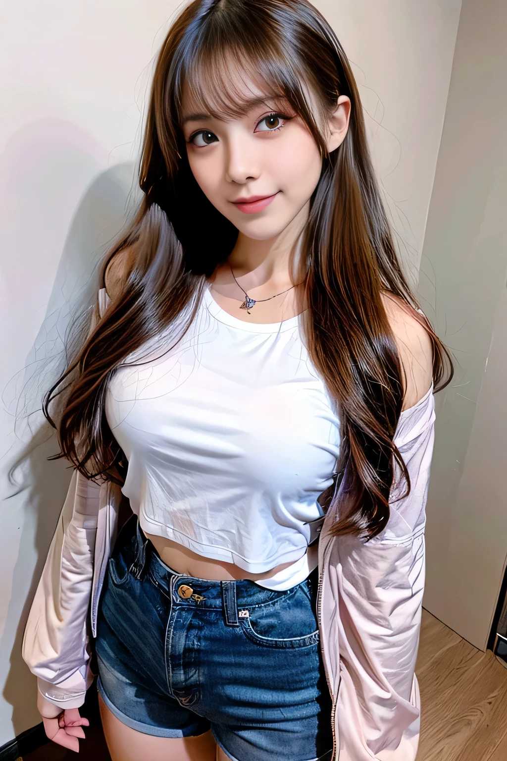((Full Body Angle))、((highest quality, 8K, masterpiece: 1.3)), concentrated: 1.2, Cute girl 1,Nipples erect、 Perfect beauty: 1.4,Cut and sewn T-shirt Raglan sleeve summer short sleeve T-shirt.Shorts: 1.2,Long sleeve、Randall Color、comics&Text Graphics、Black ruffle-trimmed drawstring zip blouse,1.1, Highly detailed face and skin textures, Fine grain, double eyelid, whitening skin, ,highest quality,Ultra-high resolution,you,1 girl,alone,_Shiny_skin,Iris,necklace,((Brown_length_Wavy_hair)),(lips)),eyelash,Front hair,deal with,compensate,Shiny,pore,skin texture,Large Breasts、smiling face、