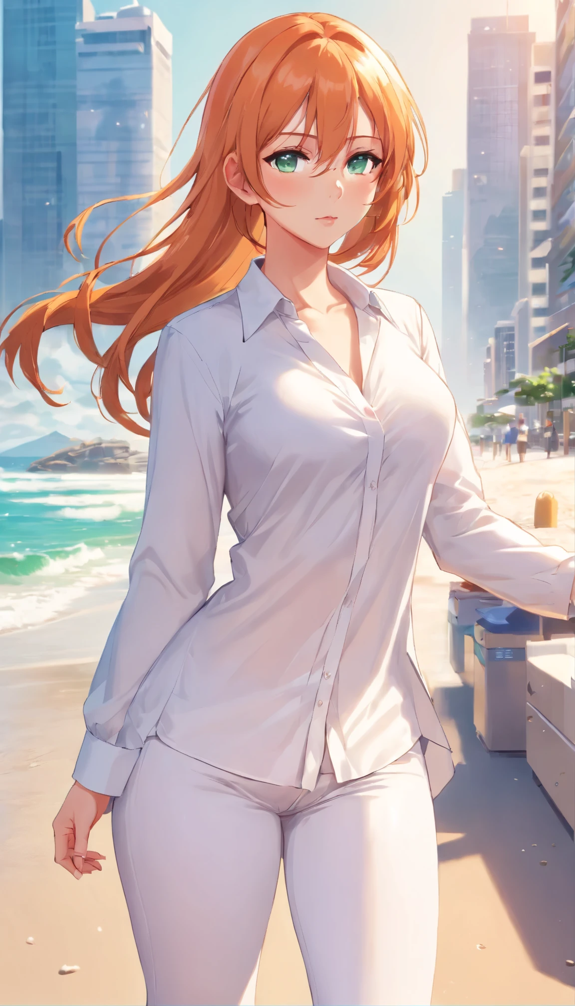 (masterpiece, Best quality), 8K, ultra detailed, realistic photo, Detailed face, perfect lighting, green eyes, bright orange hair, bright hair, fox ears, nice legs, side photo, beautiful, Cute, skin pores, 1 girl, perfect shirt, fully dressed, beautiful women 30 years old, Beautiful proportions, Russian woman, Caucasian, European, Business lady, stunningly beautiful woman, mother, thick legs, show ass, big breasts, (Thin white shirt:1.4), thick, hot, (White Office Wear:1.4), tight pants, (wide hips:1.2), thick, (white Office pants:1.3), spread your legs, Legs open, full length, wide hips, Glasses, with long orange hair, standing on the beach near the ocean, green eyes detailed digital anime art, cat ear, anime girl with long hair, гладкое аниме cg art, anime girl with long hair, digital anime art, work in Guweiz style, Beautiful anime portrait, Photorealistic render of an anime girl, pantyhose, Beautiful anime girl, advanced digital anime art, guweiz на artstation pixiv HD UHD HQ