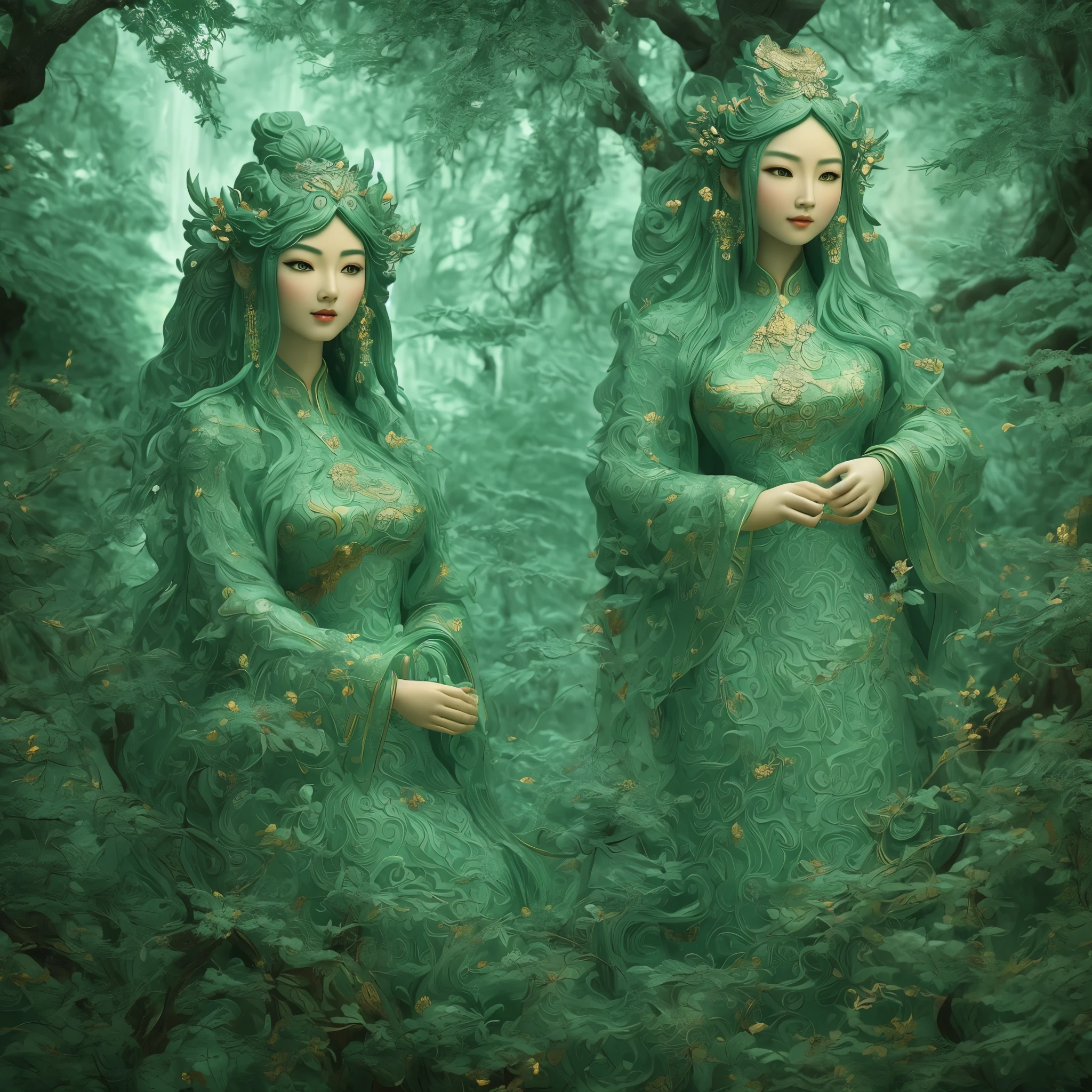 Wu Gongnuan China Artist Jade Figurine, Fairytale Visionary, digital illustration art, Details, Inspired by Rococo, Serene face, Green, Realistic hyper-detailed rendering, 1goddess