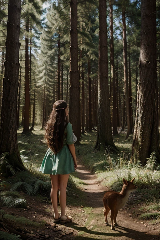 Illustration for a fairy tale about a girl,standing in the forest, who can talk to animals