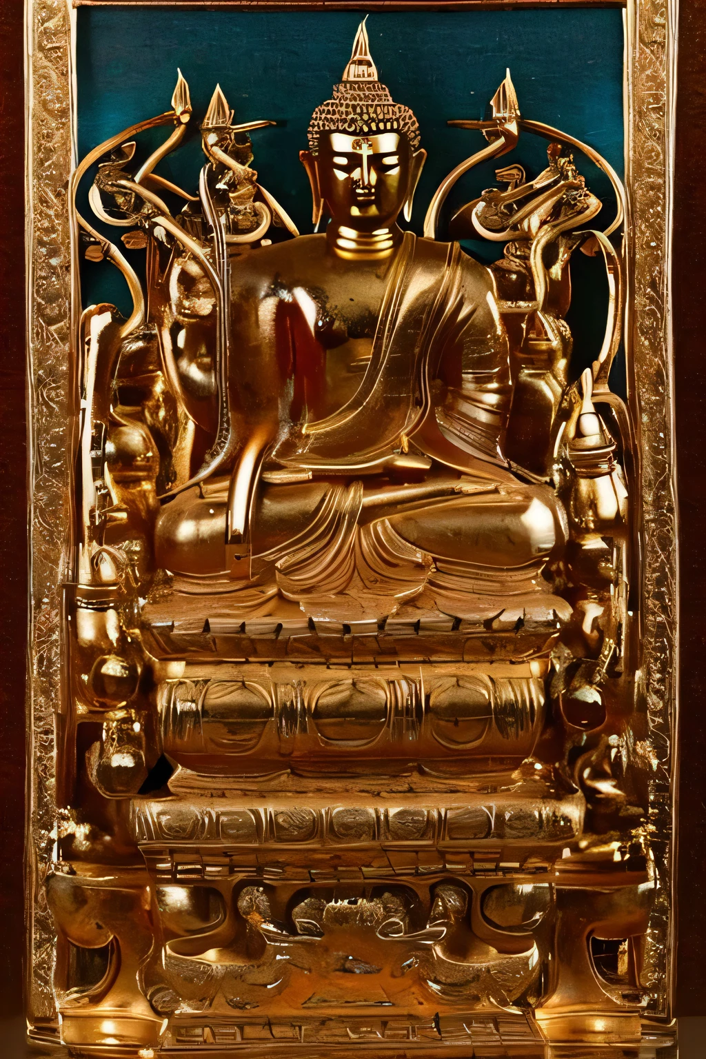 A Buddha holding six Gatling machine guns, naked on the upper body, in a shooting posture, with obvious muscles, high quality, authenticity, masterpiece