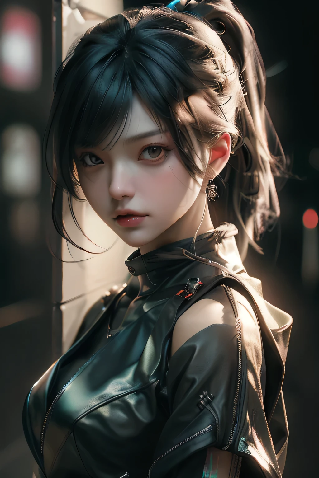 ((Best quality)), ((masterpiece)), (detailed:1.4), 3D, an image of a beautiful cyberpunk female,HDR (High Dynamic Range),Ray Tracing,NVIDIA RTX,Super-Resolution,Unreal 5,Subsurface scattering,PBR Texturing,Post-processing,Anisotropic Filtering,Depth-of-field,Maximum clarity and sharpness,Multi-layered textures,Albedo and Specular maps,Surface shading,Accurate simulation of light-material interaction,Perfect proportions,Octane Render,Two-tone lighting,Wide aperture,Low ISO,White balance,Rule of thirds,8K RAW,