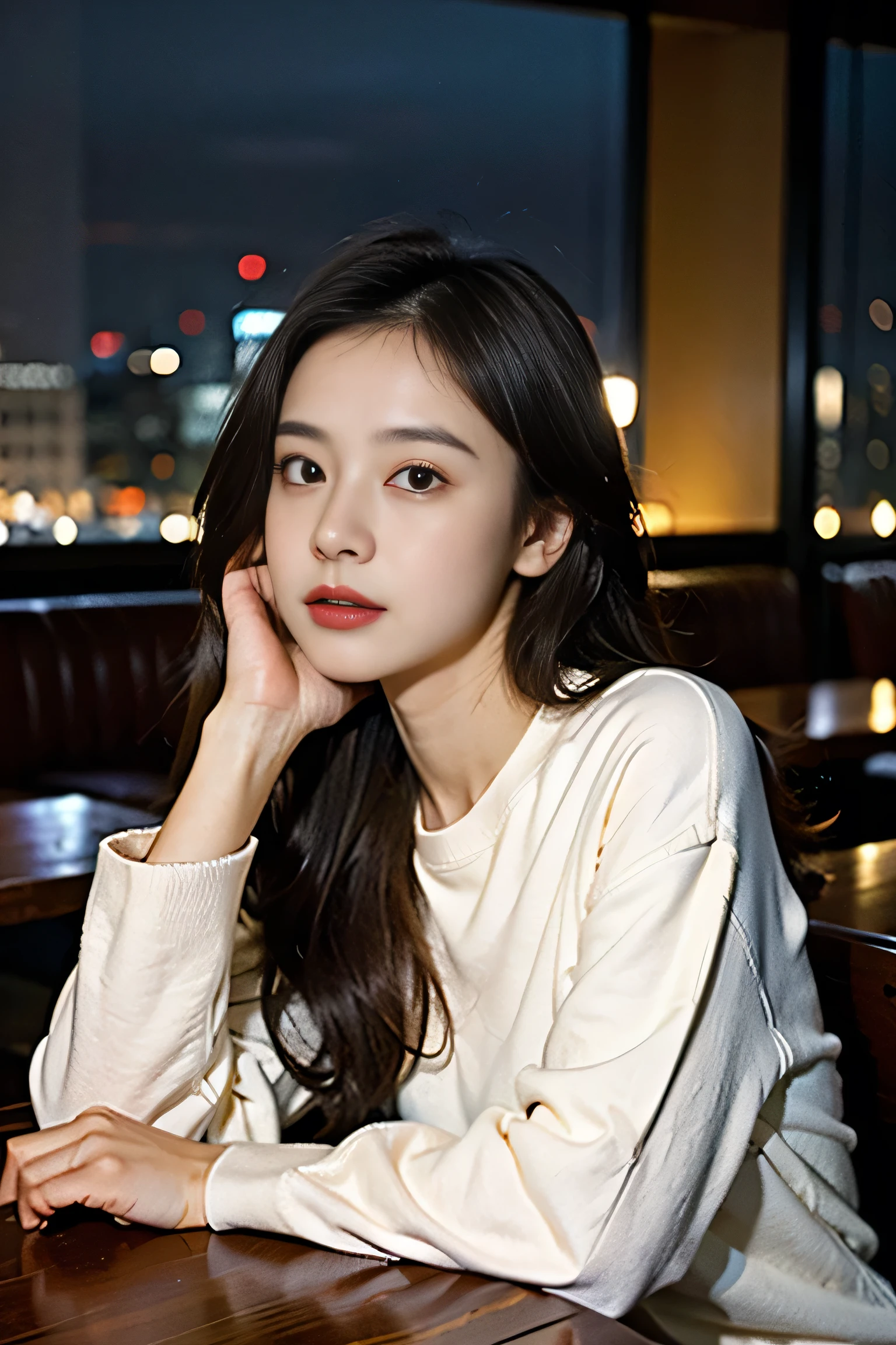 girl, messy hair, white oversize sweatshirt, at restaurant, (hand on table), night, skyscraper background, dark lighting, (photorealistic:1.2), (ultra realistic:1.3), (very detailed:1.1), ((masterpiece)),