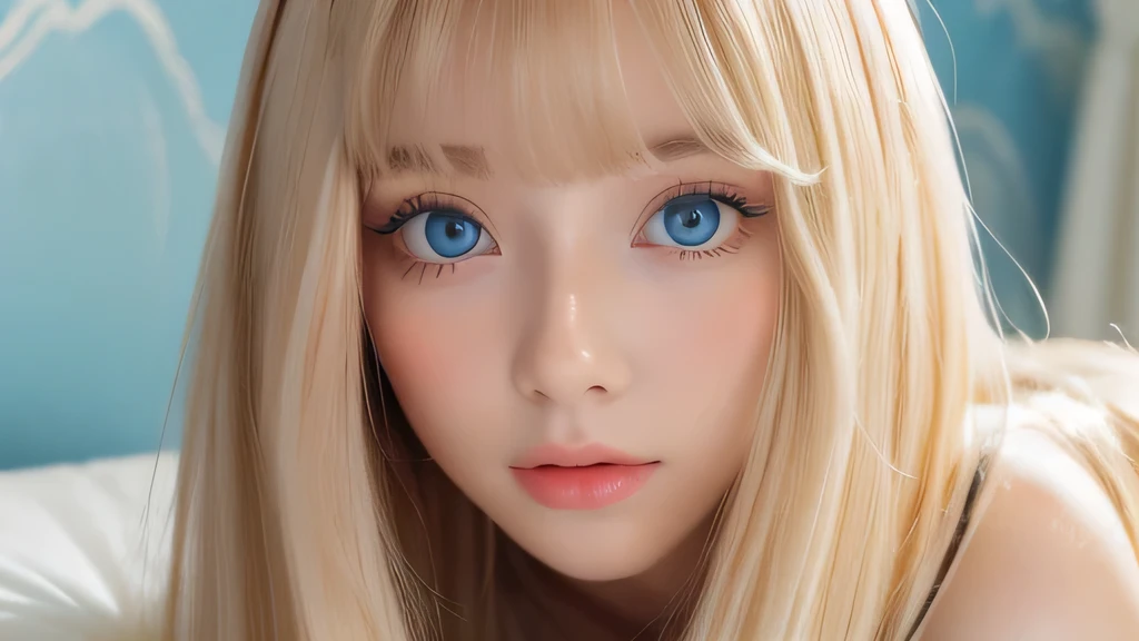 A very white and beautiful 20-year-old blonde girl、masterpiece, highest quality, shape, Ultra-fine detail, Natural platinum blonde with a natural shine、Super long straight silky hair、Super long hair like Rapunzel、Hair tangled all over the body、bangs over eyes、bangs on the face、Messy bangs、High resolution, 8K TV Wallpaper, Perfect dynamic composition, Big, bright, light blue eyes that shine beautifully、Very big eyes、of hotel(bed)、Small Face Beauty、Round face、double eyelid、Cheek gloss highlighter、On all fours