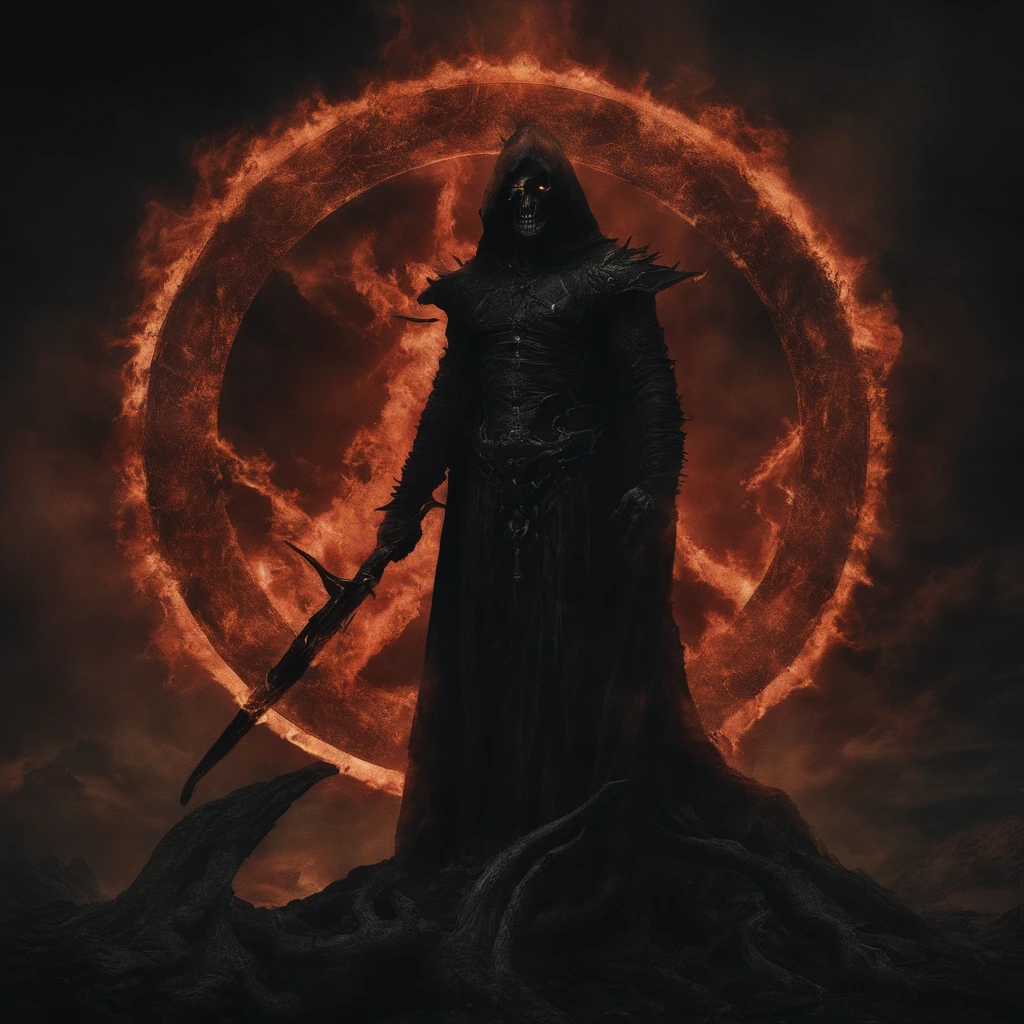 ((Hell God)), lucifer, black face, no face, ((re fire eyes)), ((lava crack skin)), ((muscular demon)), holding glowing light sword, glowing text, against giant hell lord, ((circle light symbol)), behind head, dark fantasy art, ((death metal album cover)), smoke, ((fire)), lord of hell, ((diablo)), ((satanic)), ((