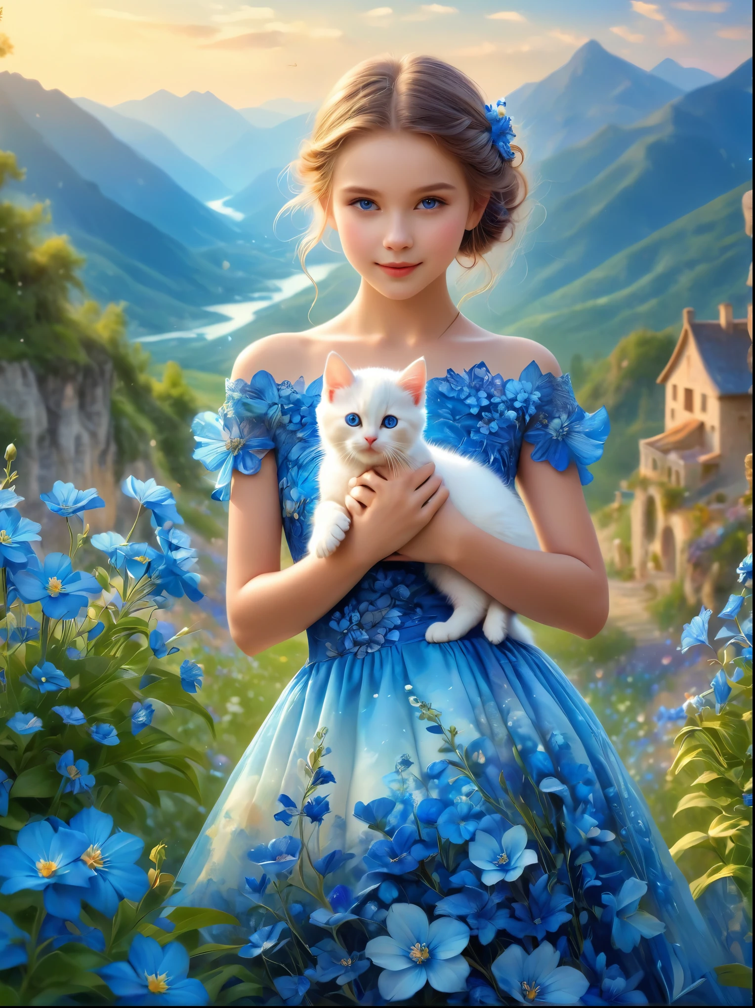 pam-flwr，Beautiful young girl wearing a beautiful dress made of blue flowers，Holding a cute kitten，Beautiful landscape background，Bokeh，Highly detailed，lifelike，Lifelike，Studio Photos，Highly detailed，dynamic，，masterpiece，complex，hdr，Abstract fractal，Romantic atmosphere, (UHD, anatomically correct, masterpiece, ccurate, 8k)