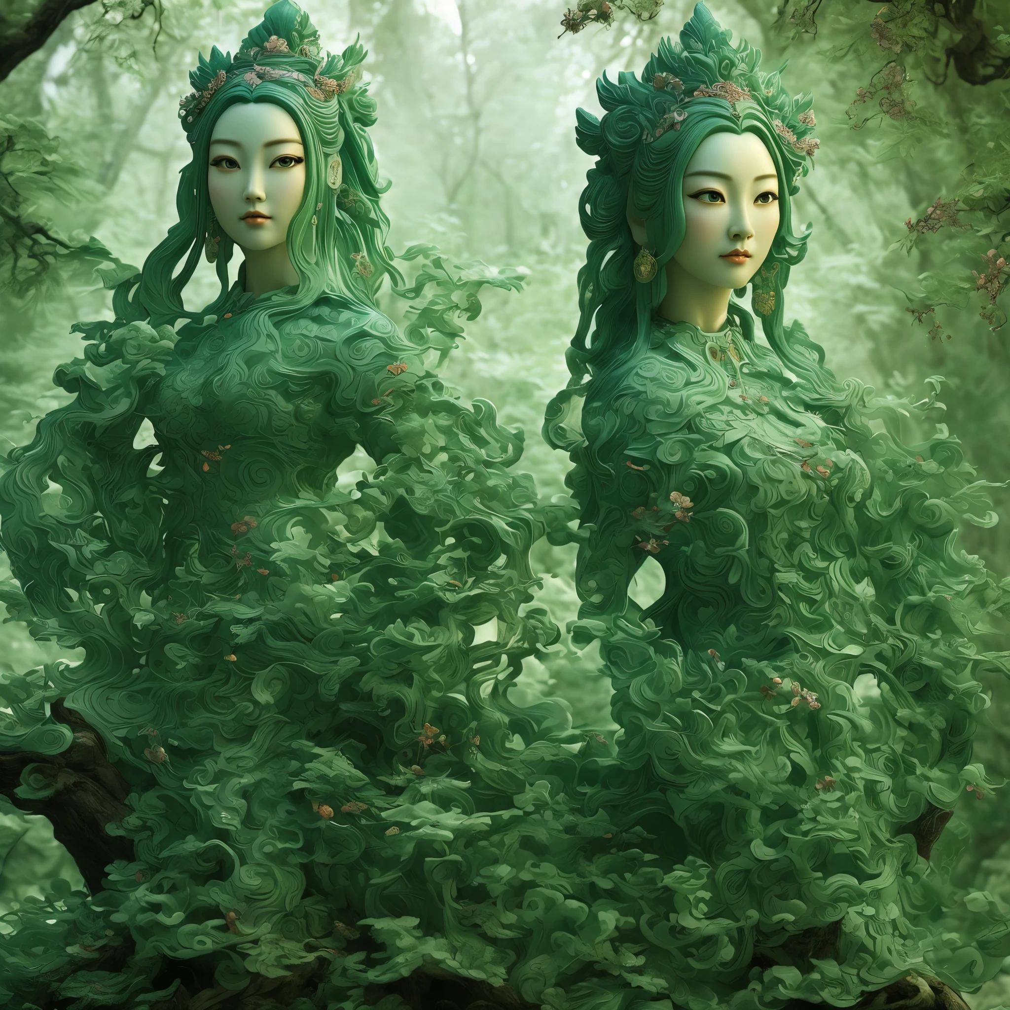 Wu Gongnuan China Artist Jade Figurine, Fairytale Visionary, digital illustration art, Details, Inspired by Rococo, Serene face, Green, Realistic hyper-detailed rendering, 1goddess