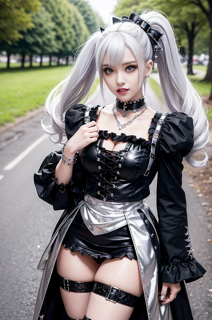 sexy stylish female model, only 1 female, ((doll-like appearance)), long multicolor stylish hair, ((shiny Punk-Style boots)), (big smile), ultra detailed eyes, detailed makeup, lipgloss, ((sexy Punk Lolita cosplay)), unconventional skirt, petticoats, high neckline, ((ultra detailed lace)), ((ultra detailed embroidery)), intricate details, tartan patterns, (silver chains), (silver spikes), (safety pins), Punk Lolita accessoires, Punk Lolita choker, ((large sparkling Punk Lolita jewelry)), cinematic light, detailed large park background with trees 