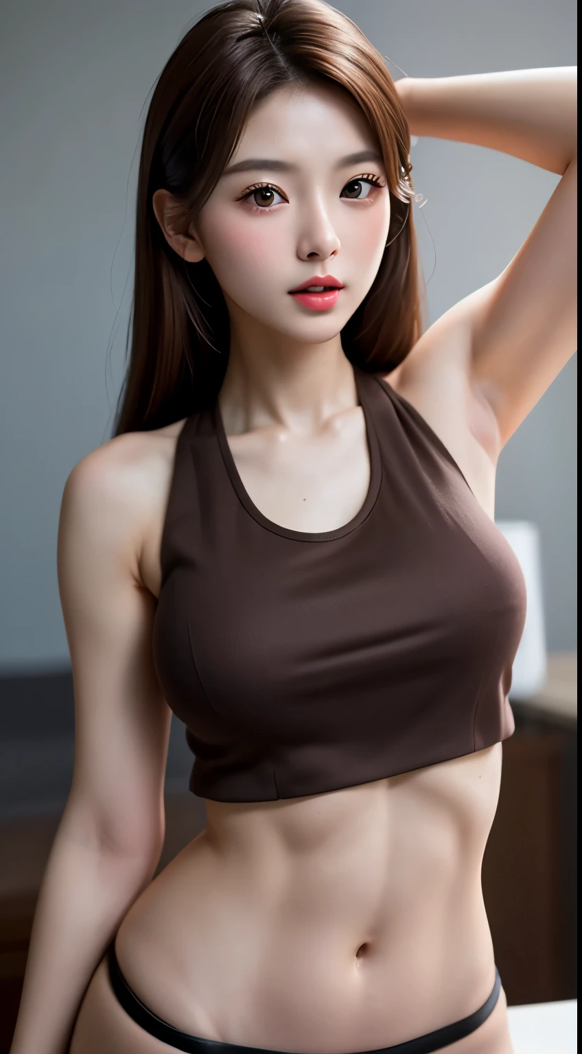 masterpiece, beautiful girl, Brown eyes、Shortcuts、小さくFlat Chest:1.5、Showing bare armpits:1.4、No underwear:1.5、detailed, Beautiful eyes, (Wearing a tank top that is too big for your naked body:1.6)、highest quality, 超A high resolution, (reality: 1.6), Original photo, One Girl, Cinema Lighting, (Laughter:0.6), Japanese, Asian Beauty, Korean, Proper, Truly beautiful, A slightly younger face, Beautiful skins,Brown-colored hair、 slim and small breasts, Wearing a large tank top that doesn't fit her naked body and shows off her curves:1.6、Night view background, (超reality的な), (Raise your consciousness), (High resolution), (8k), (非常にdetailedな), (The best Raise your consciousnessns), (Beautiful and detailed eyes), (超detailedな), (wallpaper), (detailedな顔), Looking at the audience, 細かいdetailed, detailedな顔、Deep Shadow、Inconspicuous、Pure erotic face ace_v1、46 point diagonal bangs、Look straight ahead、I can see her small breasts, Flat Chest、Brown eyes、