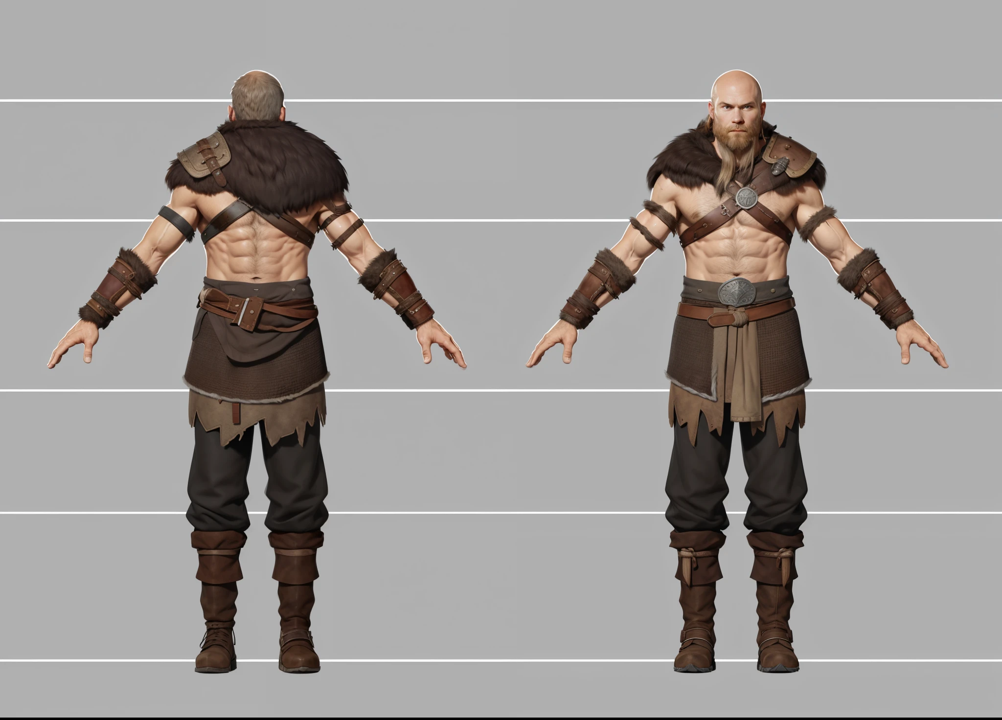 ( Realistic:1.33),(masterpiece:1.1),(highest quality:1.1),(HDR:1) a close up of a hunter villager with fur coat, medieval villager , wool cloth, full body concept, detailed full body concept, Viking ranger style, Viking protective, Portrait of a Viking, Viking warrior, Viking culture, Nordic warrior, Viking costume, Ancient Viking warrior, wearing Viking clothing, male Viking, with Machado, Nordic inspiration, Viking and barbarian aesthetics, full body character concept,costume concept design, full body details, detailed full body concept art, full character body, character model sheet turnaround, fullbody shot turnaround, concept character sheet, full body concept art, reference model sheet , full body concept art, RPG style character, game character design, 3d character reference sheet, video game character concept, detailed character design, character sheet, [ character model sheet turnaround ], front and back, ((front and back)), grey clean background, 3D character, leather belt, leather boots with rob, ((gambeson cloth)), leather belt on chest,  (viking warrior), ((barbarian)),(((wide chest)), leather shoulder armor, (gambeson loincloth), ragged loincloth