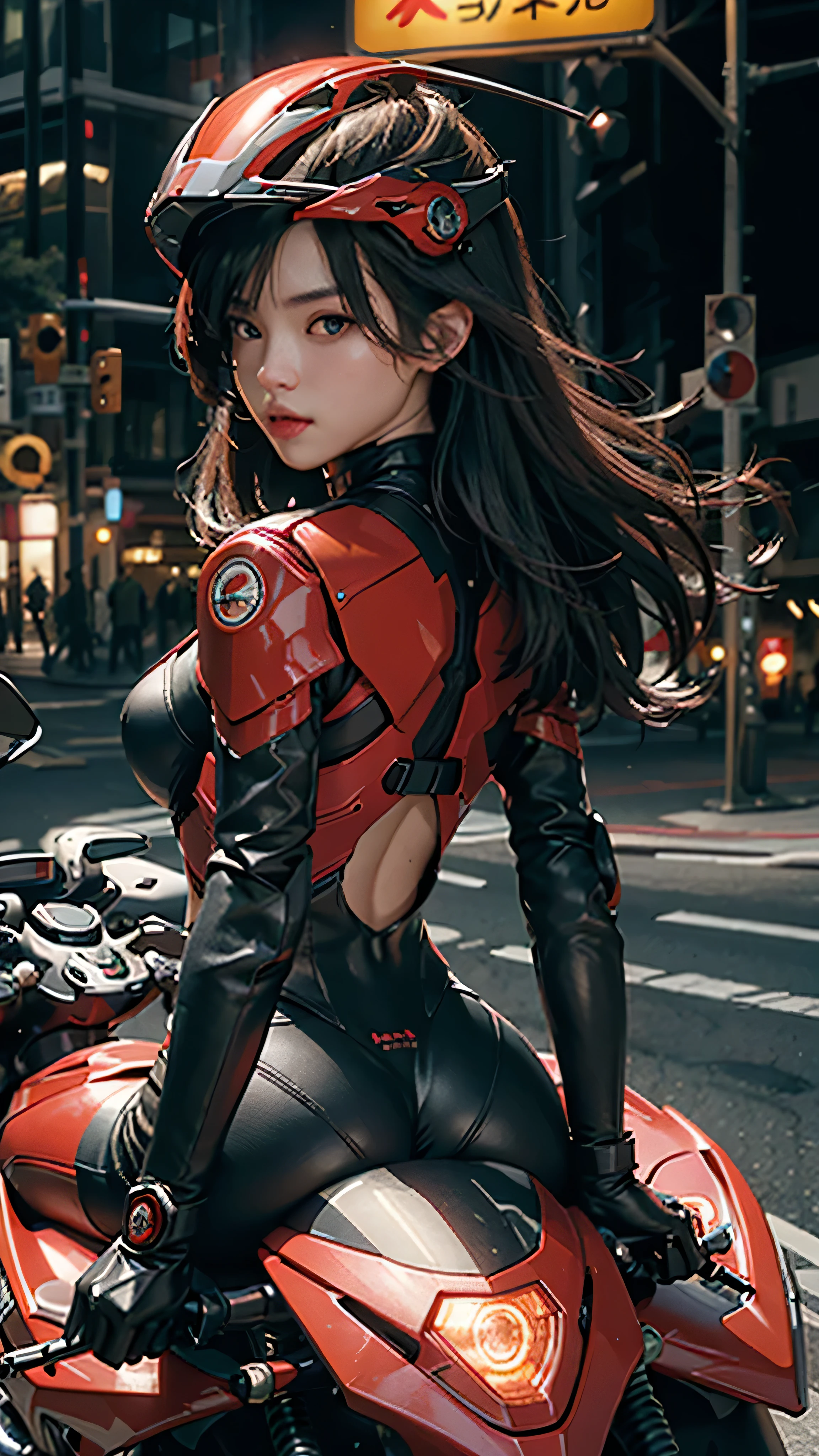 Highest image quality, Outstanding details, Ultra-high resolution, (realism: 1.4), Best example, Offer details, Highly concentrated 1girl, Beautiful face, Wearing black and red mecha, Wearing a mecha helmet, Handheld directional controller, Riding a motorcycle, The background is a high-tech lighting scene of a future city.