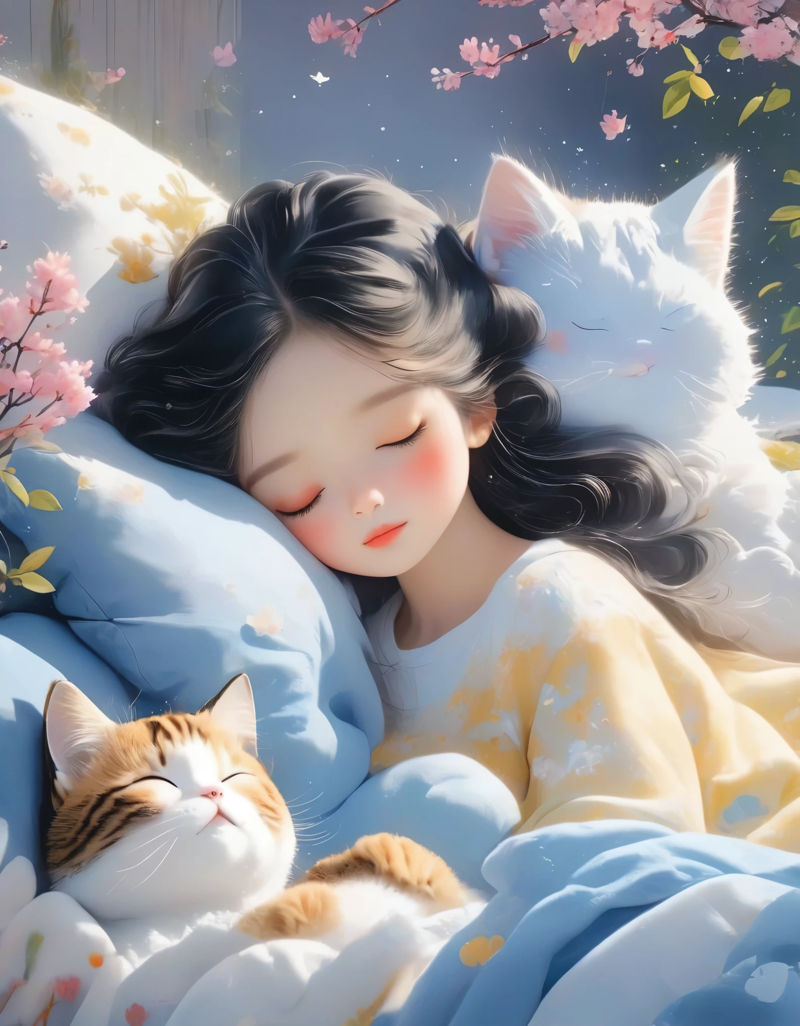 (best quality,4k,8K,HD,masterpiece:1.2),Super detailed,Practical:1.37,illustration,Inspiration for Studio Ghibli,Bed scene,(girl,Black Hair,Lazily nuzzling the cat while sleeping in the morning),Lazy,cute,delicate eyes,Detailed lips,They are hesitant,Want to sleep,Two Lazy Cats,the essence of spring,spring flowering trees,Spring Flowers,Cherry blossoms,Vibrant colors. Warm sunshine, Soft Light, Comfortable atmosphere, Full of energy, young.