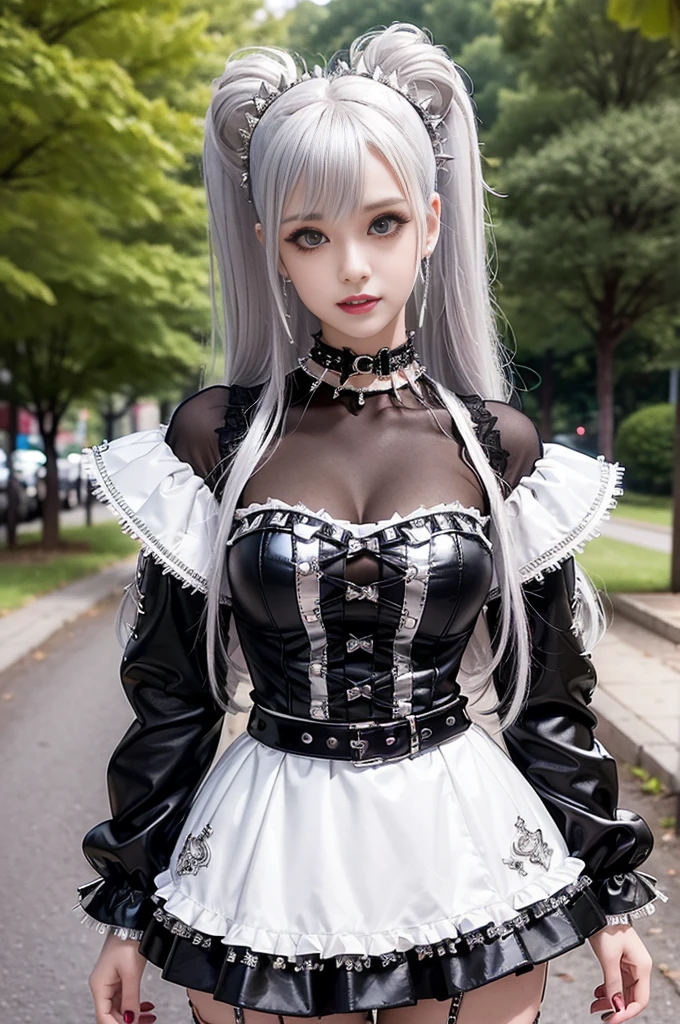 sexy stylish female model, only 1 female, ((doll-like appearance)), long multicolor stylish hair, ((shiny Punk-Style boots)), (big smile), ultra detailed eyes, Punk makeup, lipgloss, ((sexy Punk ta cosplay)), unconventional skirt, petticoats, high neckline, ((ultra detailed lace)), ((ultra detailed embroidery)), intricate details, tartan patterns, ((silver chains)), ((silver spikes)), ((safety pins)), Punk Loliccessoires, Punk Lolita cr, ((large sparkling Punk Lolita jewel, cinematic light, detailed large park background with trees