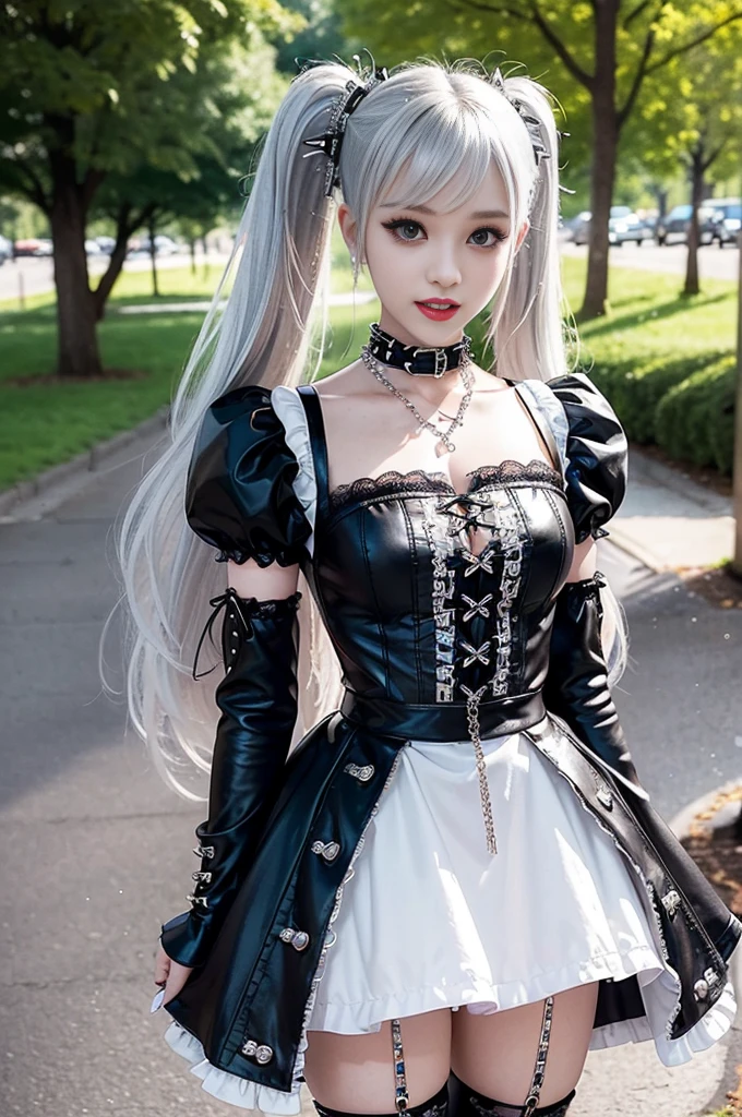 sexy stylish female model, only 1 female, ((doll-like appearance)), long multicolor stylish hair, ((shiny Punk-Style boots)), (big smile), ultra detailed eyes, Punk makeup, lipgloss, ((sexy Punk Lolita cosplay)), unconventional skirt, petticoats, high neckline, ((ultra detailed lace)), ((ultra detailed embroidery)), intricate details, tartan patterns, ((silver chains)), ((silver spikes)), ((safety pins)), Punk Lolita accessoires, Punk Lolita choker, ((large sparkling Punk Lolita jewelry)), cinematic light, detailed large park background with trees