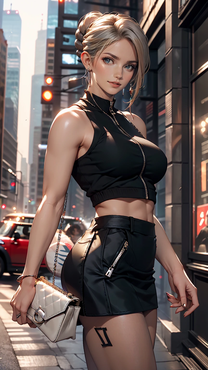 26 year old Caucasian female、Wear a black sleeveless zipper-up top、Navel visible、Lower milk visible、Wear a low-rise black mini skirt、Wear stiletto heels、Have a clutch bag、Side Tail((side drill))、Silver Hair、smile、Skyscraper background、Dark blue eyes