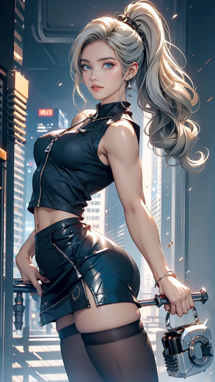 26 year old Caucasian female、Wear a black sleeveless zipper-up top、Navel visible、Lower milk visible、Wear a low-rise black mini skirt、Wear stiletto heels、Have a clutch bag、Side Tail((side drill))、Silver Hair、smile、Skyscraper background、Dark blue eyes