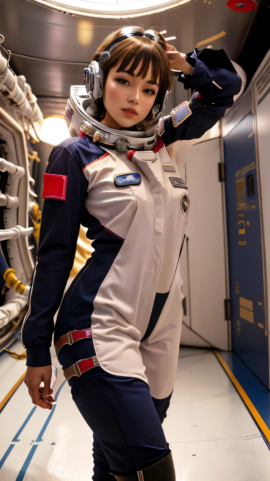 Arabian woman in sexy suit posing on space station,  スタートレックのアZia人女性, Dressed in an astronaut costume, girl in space, 60s sci-fi pin-up style, Space Molly, sun yunjoo, beautiful woman Wearing a space suit, Space Girl in the 1960s, Zia, Wearing a space suit, In the spaceship