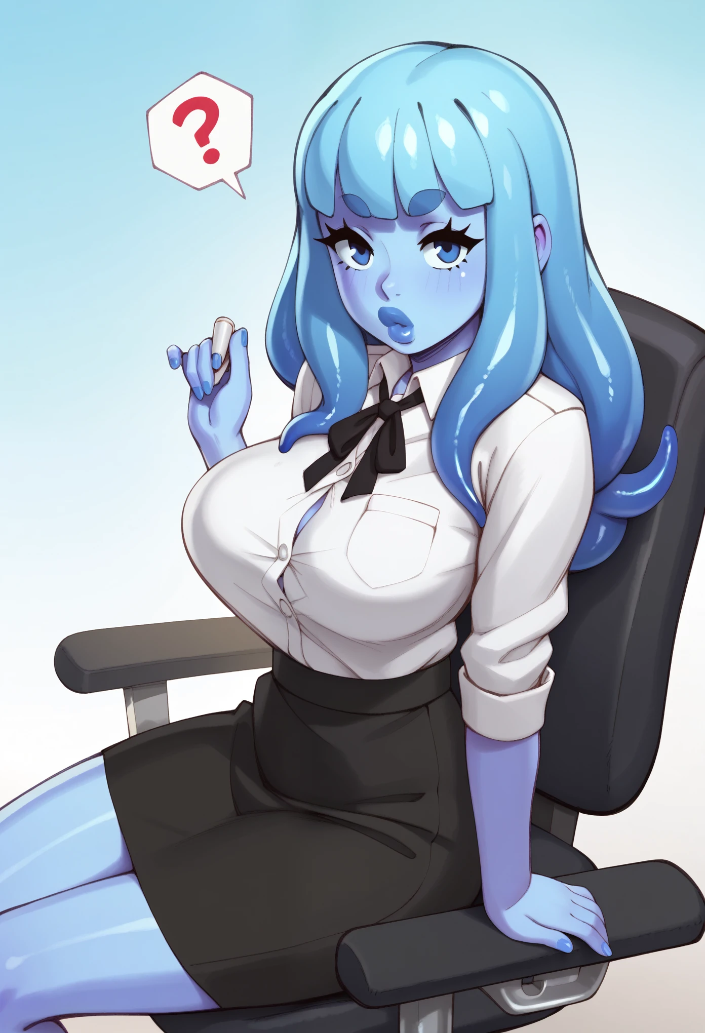 score_9, score_8_up, score_7_up, score_6_up, score_5_up, score_4_up, BREAK 1girl, light blue tentacle hair, blue skin, no irises, thick lips, long eyelashes, confused expression, sitting in a chair, blunt bangs, adult, BREAK solo, large breasts, adult, skinny, arched back, thigh gap, wearing office outfit, BREAK (office background:1.2), simple background, innocent, lovely, adorable, dynamic pose
