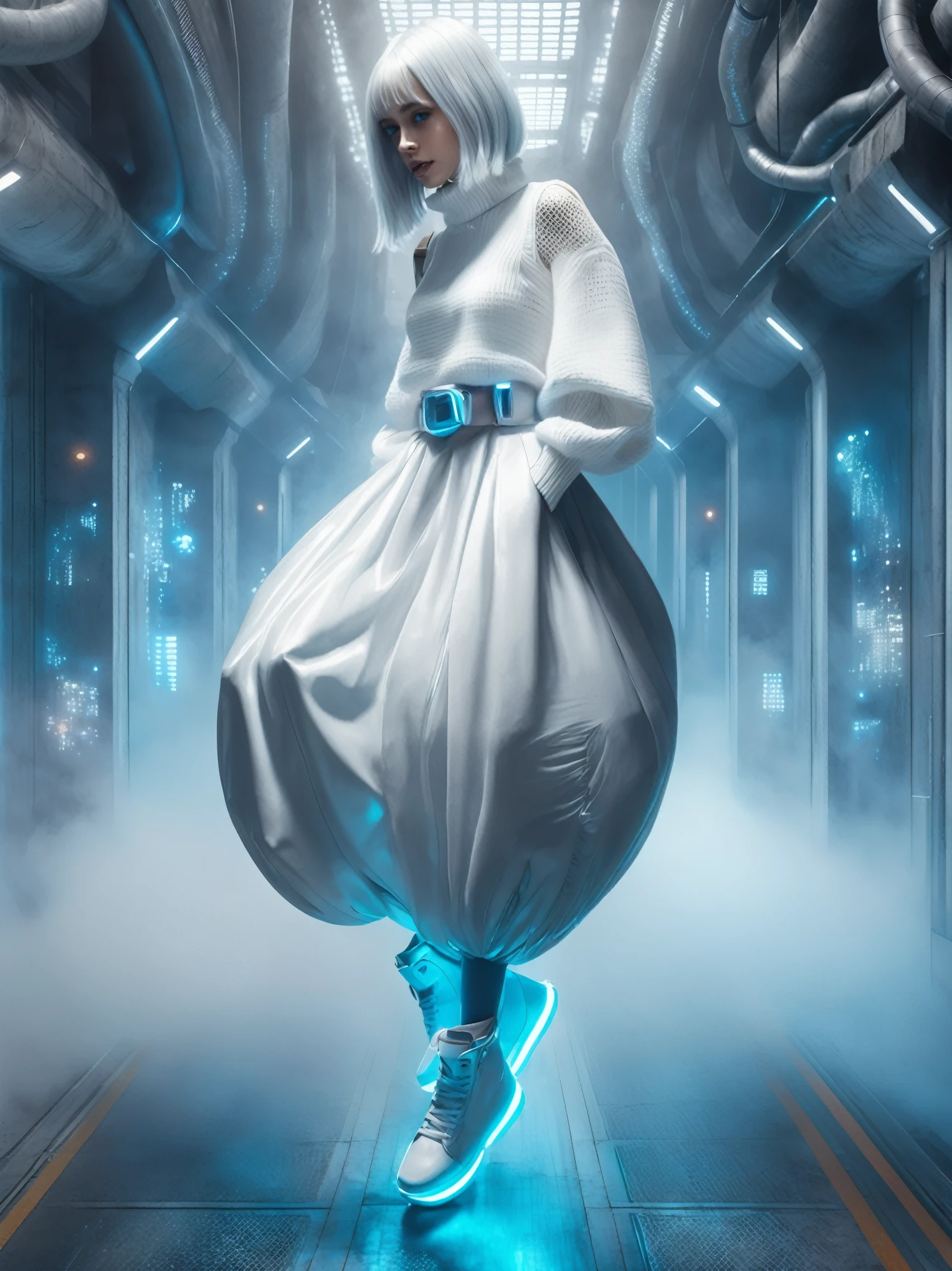 masterpiece, Best Quality, Realistic, In the dimly lit colony shrouded in white mist, she jumping as a solitary fashion model. She is standing in a cyber-themed outfit centered around the color white. She wears a high-neck, sleeveless top paired with a maxi skirt with a round silhouette, from which a large balloon extends at the waist. Neon-lit harnesses are connected to her outfit, creating a futuristic atmosphere.

With her silver hair and blue glowing eyes, she completes her look with high-cut sneakers accented with neon. Captured from a side angle, she sits and gazes ahead with a somewhat melancholic expression, hyper small head and face, wide Duck mouth, half open mouth, perfectly aligned teeth, perfect beautiful teeth, light blue eyes, half open eyes, shiny Droopy eyes, gray hair, looking other, She is situated within the interior of a futuristic colony, with mist drifting and steam rising from concrete