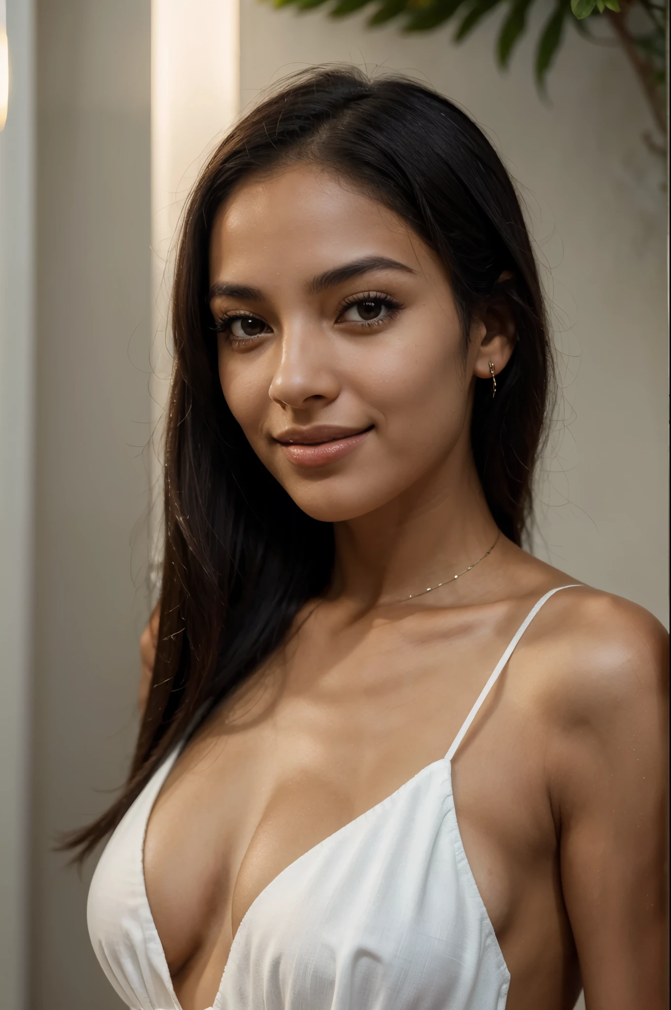 uma mulher brasileira deslumbrante co20 anos de idade. Ela tem um rosto lindo e atraente, with delicate and expressive features. Your brown eyes are deep and captivating, full of life and mystery. Her black hair is long and silky, caindo suavemente sobre os ombros, refletindo o brilho da luz. Seu sorriso radiante ilumina qualquer ambiente, and her dark skin adds an exotic and charming touch to her appearance. She has a magnetic presence, with a natural elegance and confidence that shines through in every movement.