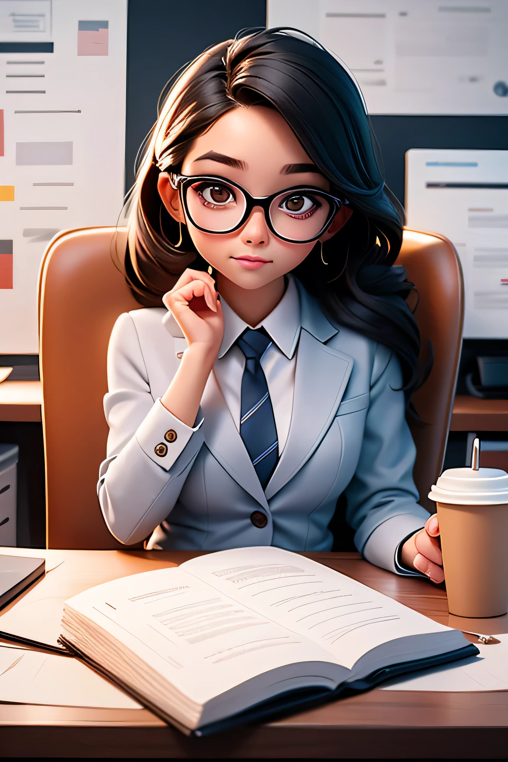Scene: A newly graduated girl working in an office, sitting at her desk
Office atmosphere: Modern and well-lit, with a computer, documents, and a coffee cup on the desk
Girl's demeanor: Calm and focused expression, dressed in business casual attire
Mood: Professional yet relaxed atmosphere