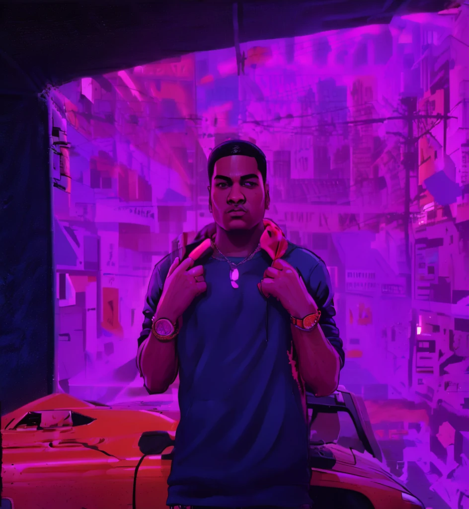 1 man ,GTA-style artwork ,(young people:1.5),Illustration, digital art, (GTA style:1.5),Art style of GTA, Art GTA bright colors, (cartoon style:1.2),(hyperdetail:1.15), glamorous style, best quality, holistic, high detail, serious,against a large night metropolis, ((neon lighting)), ((Cyberpunk)),soft light,satirical,exaggerated,pop artstyle,vibrant colors,iconic characters,action-packed,((The background is an orange red city:1)),sun, coconut trees