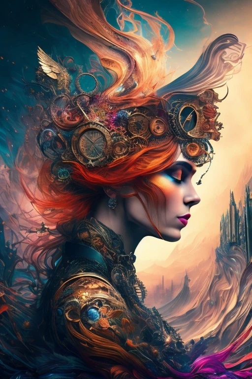 An intricate and captivating abstract mixed media artpiece, showcasing a steampunk auburn-haired woman immersed in a whirlwind of chaos, painted in an abstract style that tantalizes the senses. The woman's detailed features and elaborate steampunk attire are contrasted by the chaotic landscape surrounding her, filled with swirling patterns, textures, and colors. The artpiece, reminiscent of a surreal dreamscape, exudes a sense of movement and energy, transporting the viewer into a realm of steam-powered fantasy and abstract beauty. Displayed in 8k ultra-high definition, the artpiece's vibrant colors and intricate details leap
