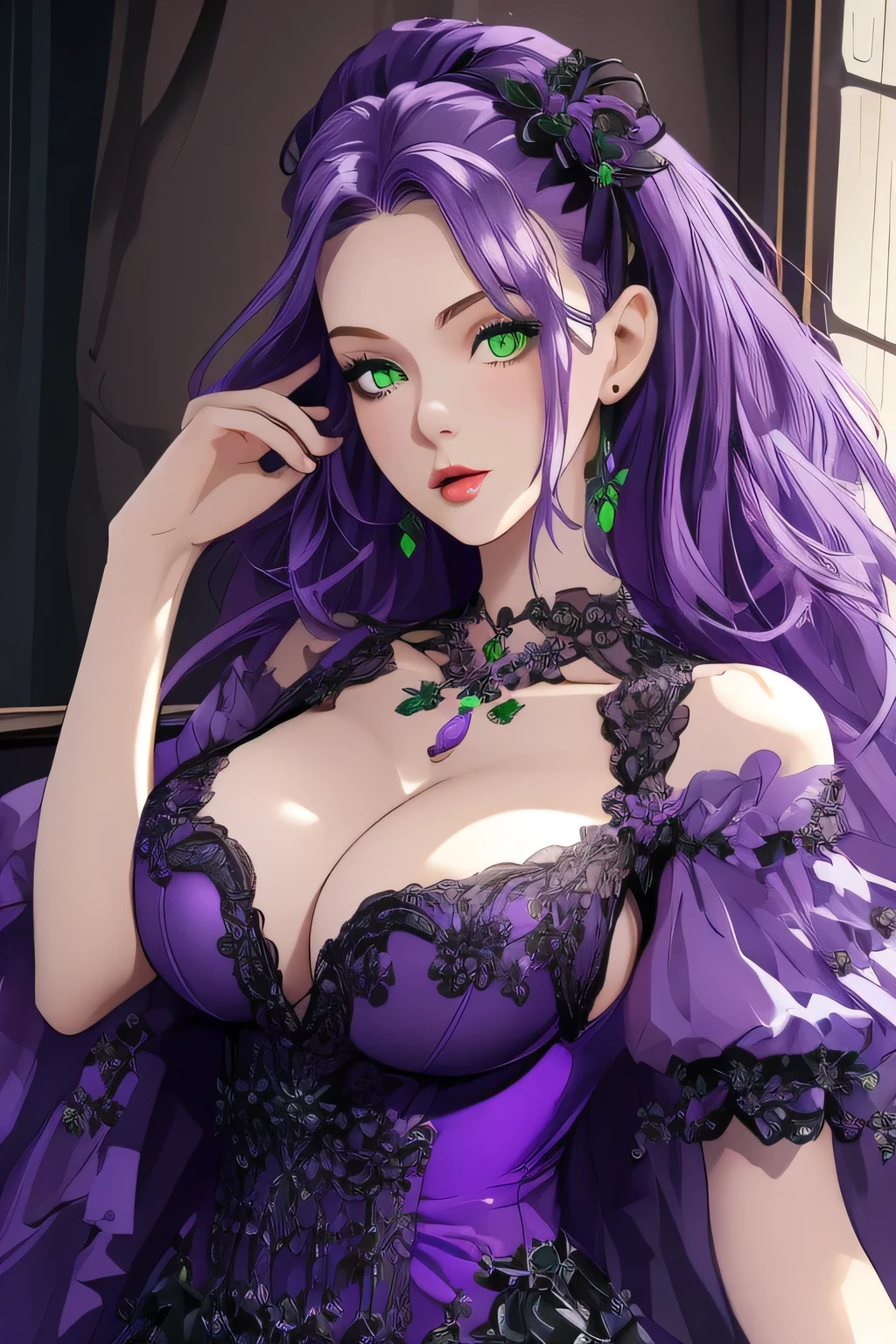 Purple haired, girl, portrait, green eyes,hd ,big breast, revealing dress 