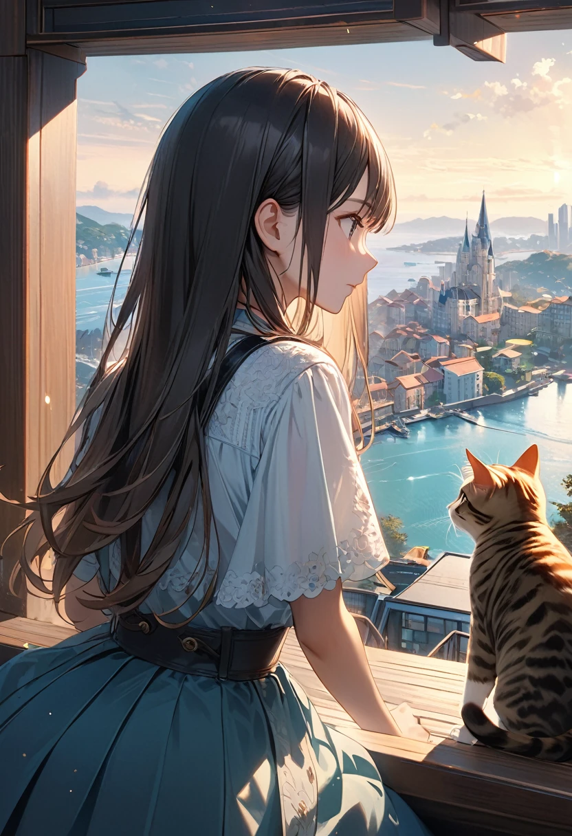 Full color, Ultra-realism, Detailed and intricate texture, Detailed and intricate brushwork, Detailed and clear depiction, (A hill overlooking the beautiful and sparkling port city、Park observation deck, ((Back view of a girl looking at a charming and majestic view)), On top of the wall that stretches right up to the side、Cats gather), View the scenery, Hopes for tomorrow, joy, Sadness, hope, BREAK Clear and vivid image, (Add layers of transparency), (Indifference, kind, aesthetic), Cinematic lighting effects, (Detailed and clear depiction, transparency:1.2), Ultra-high resolution, Use all kinds of effects to captivate your audience, Detailed and crisp image quality, 16k, Dynamic shot,