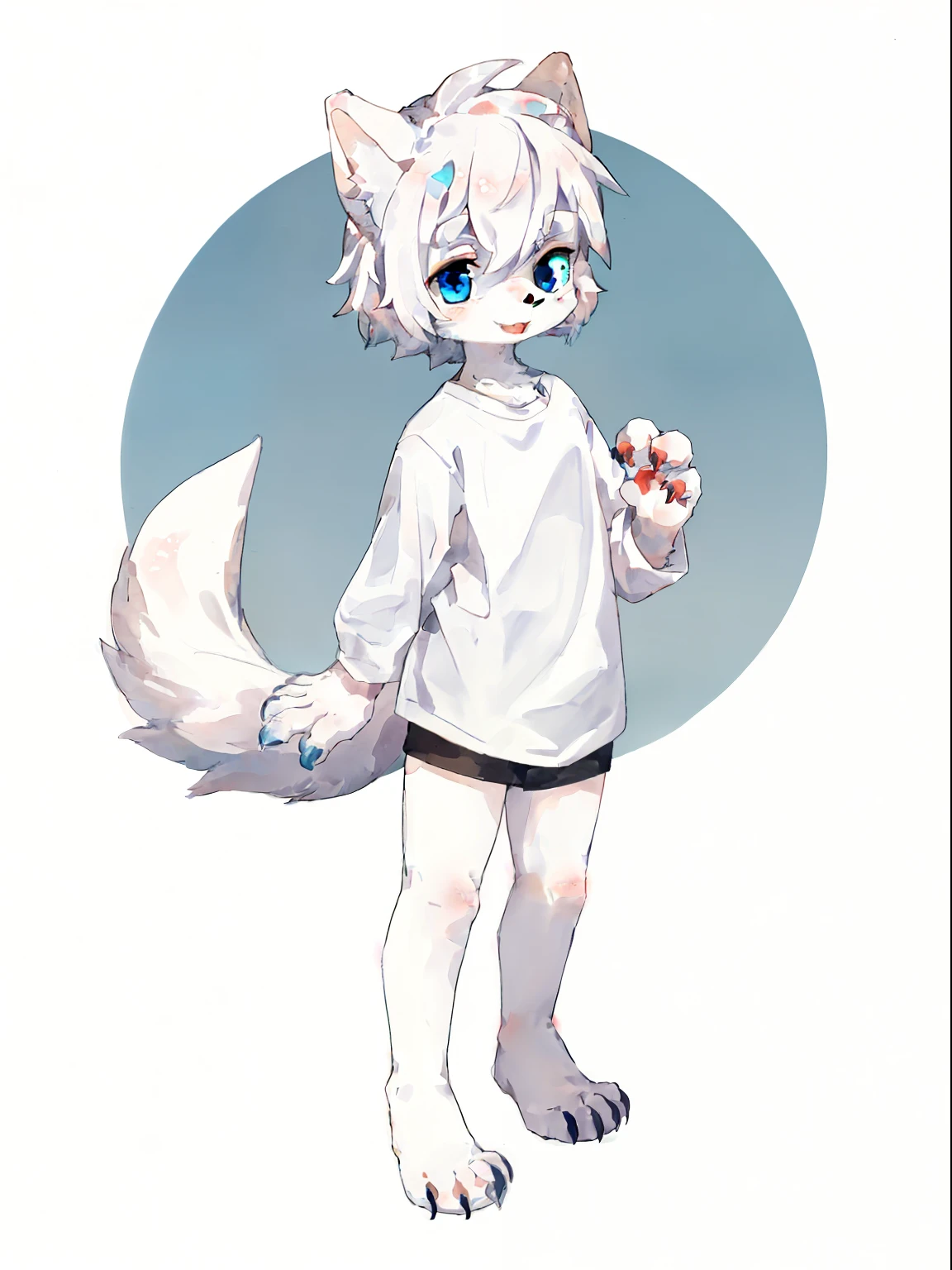 A cute and delicate furry male with white fur and hair everywhere, blue eyes, white fur everywhere, hands and legs with dog like claws, short nails, and a long furry tail