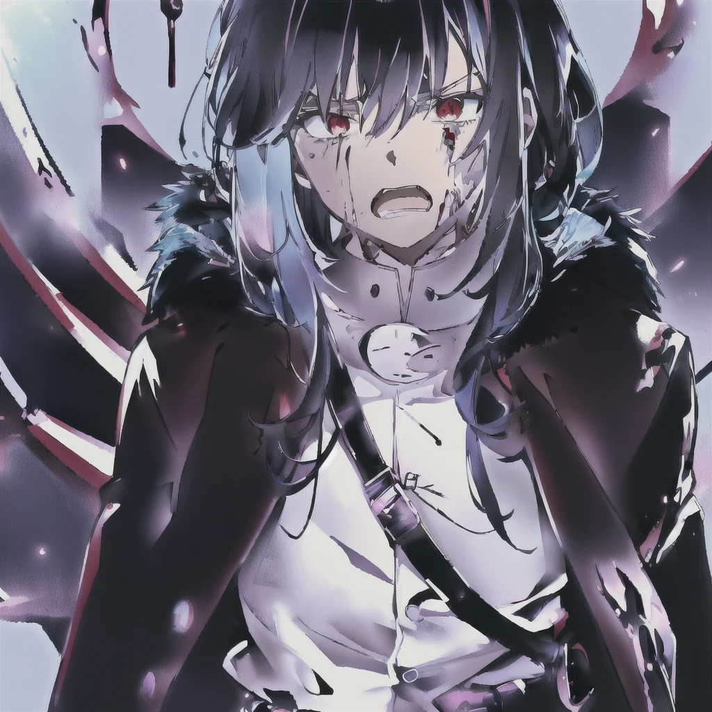 anime - style image of a soft featured young man with Black hair red eyes and a cape, badass anime 8 k, gapmoe yandere grimdark, portrait gapmoe yandere grimdark, shalltear bloodfallen, best anime 4k konachan wallpaper, yandere, gapmoe yandere, yandere intricate, zerochan art, zerochan, anime moe artstyle, Tensura, Rimuru Tempest, Cover art style, dark colors, anime coloring, black and white clothing, noble stature