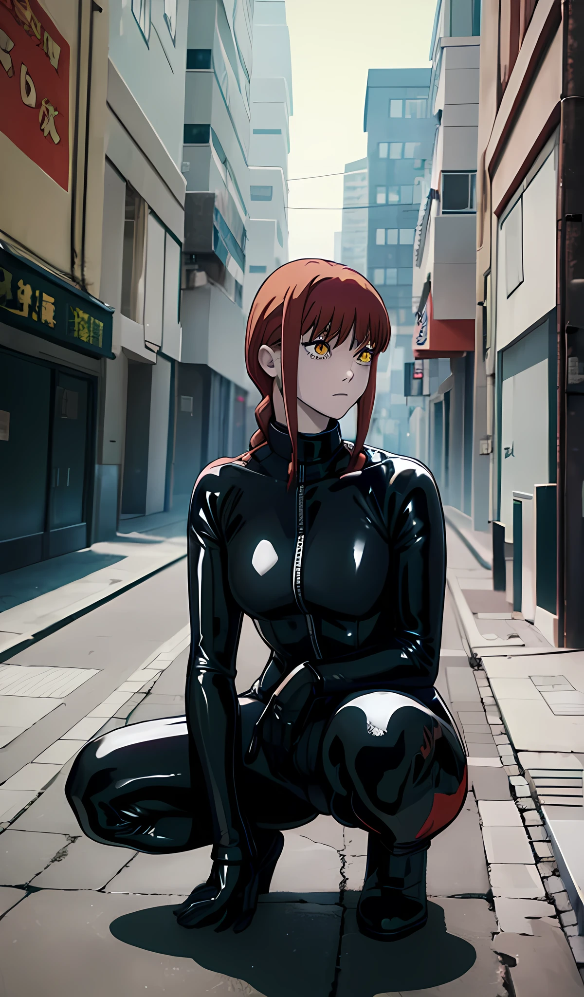 makima csm, yellow spiral eyes, red hair in braid, (black latex catsuit), long sleeves turtleneck, squat, looking at camera