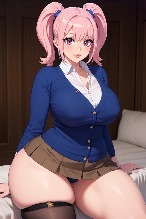 pelo color rosa, pelo color rosa intenso, cabello color rosado, ojos azules intenso, ojos color azul, intense blue eyes, electric blue eyes, color de ojos azules, labios enormes, labios hinchados, double ponytails hairstyle, double ponytails, pechos grandes, pechos enormes, Figura de reloj de arena, (cintura estrecha), confianza, superioridad, Palo de golf, malcriado, bully, muslos gruesos, pendientes, arriba, diafragma, Bermudas, sonrisa, medio plano, evil sonrisa, cara de gemido, cardigan, Falda ajustada, falda larga, brown skirt, grande , picture from down, en terapia (Terapeuta, de pie, realistic lighting), pechos grandes, caderas grandes, front, from the front
