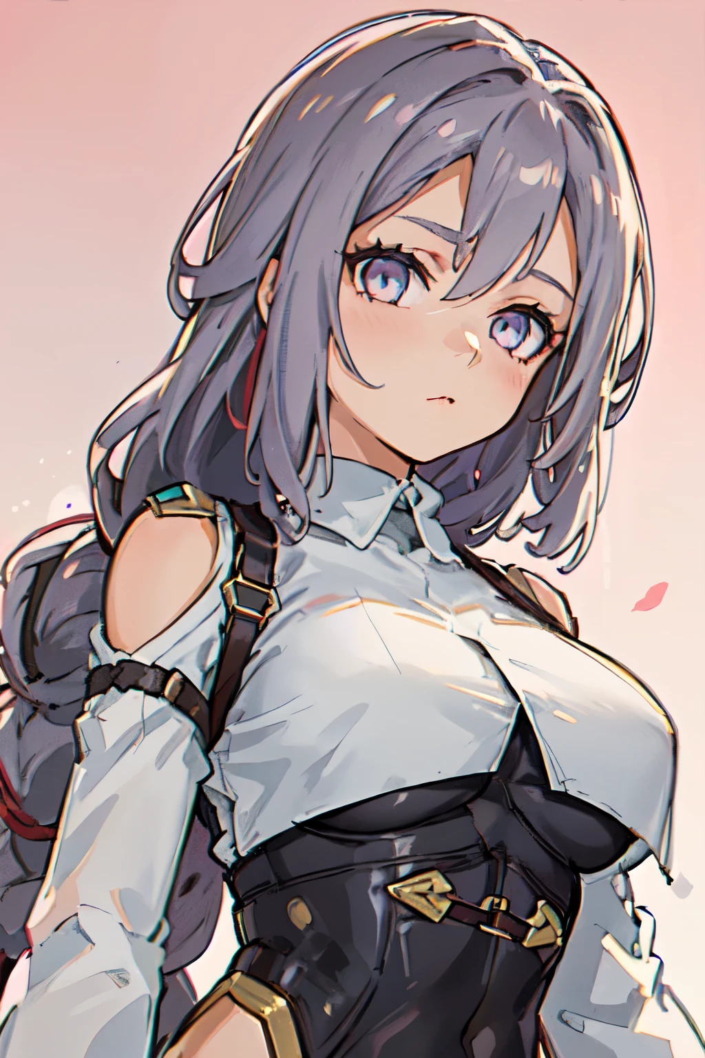 1girl, young woman, solo, long hair, big hair, (forehead:1.2), Lilac eyes , (Soft pink hair), small breasts, neutral, red lipstick, (overcoat, black coat, open coat:1.2), white shirt, collared shirt, (chest harness, shoulder strap:1.15), black leather shorts, garter belt, gloves, from below, elegant, looking at viewer, standing, chromatic aberration, (close-up to face:1.3), face only masterpiece, Isometric lighting, mustard background, best quality, 4k