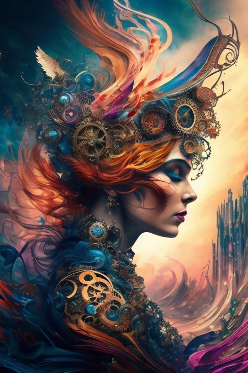 An intricate and captivating abstract mixed media artpiece, showcasing a steampunk auburn-haired woman immersed in a whirlwind of chaos, painted in an abstract style that tantalizes the senses. The woman's detailed features and elaborate steampunk attire are contrasted by the chaotic landscape surrounding her, filled with swirling patterns, textures, and colors. The artpiece, reminiscent of a surreal dreamscape, exudes a sense of movement and energy, transporting the viewer into a realm of steam-powered fantasy and abstract beauty. Displayed in 8k ultra-high definition, the artpiece's vibrant colors and intricate details leap
