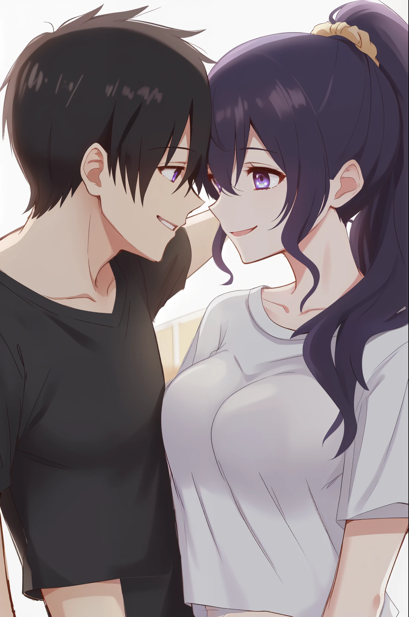 (best quality), (detailed skin:1.3), amsekai, purple eyes, blue eyes, ponytail, hair scrunchie, medium breast, T-shirt, Long Levis, smile, 1boy, kirito, black hair, Short hair, bangs, girl&boy, White background, together, make eye contact with each other 