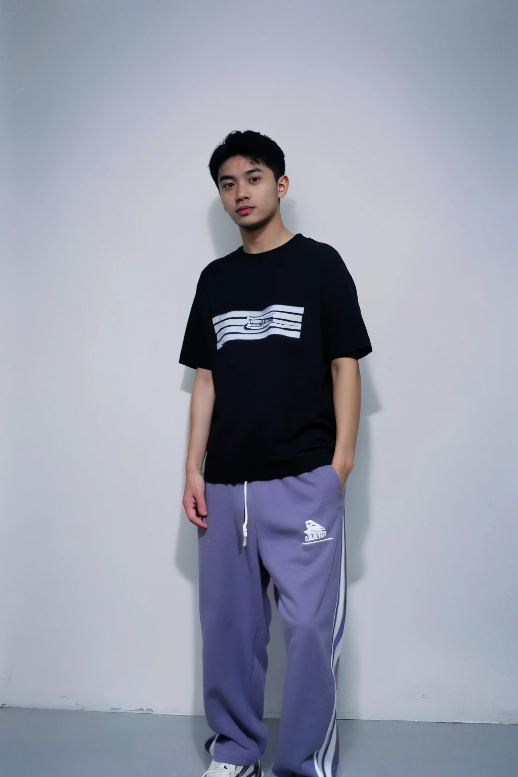 a BOY HANDSOME wearing a black shirt with a blue logo on it, official product image, official product photo, 2 techwear MAN, trending on r/streetwear, cybertech wear, FULL BODY SHOT, WITH WHITE BACKGROUND AT STUDIO, WITH PURPLE LIGHTING, WEARING BAGGY PANTS, trending on r/techwearclothing, wearing cyberpunk streetwear, HE is wearing streetwear, wearing space techwear, casual black clothing, official, black t shirt, MAN in streetwear