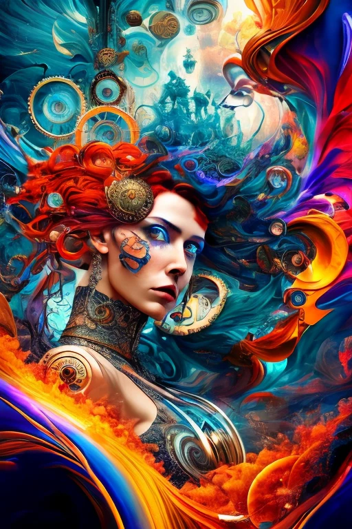 An intricate and captivating abstract mixed media artpiece, showcasing a steampunk auburn-haired woman immersed in a whirlwind of chaos, painted in an abstract style that tantalizes the senses. The woman's detailed features and elaborate steampunk attire are contrasted by the chaotic landscape surrounding her, filled with swirling patterns, textures, and colors. The artpiece, reminiscent of a surreal dreamscape, exudes a sense of movement and energy, transporting the viewer into a realm of steam-powered fantasy and abstract beauty. Displayed in 8k ultra-high definition, the artpiece's vibrant colors and intricate details leap