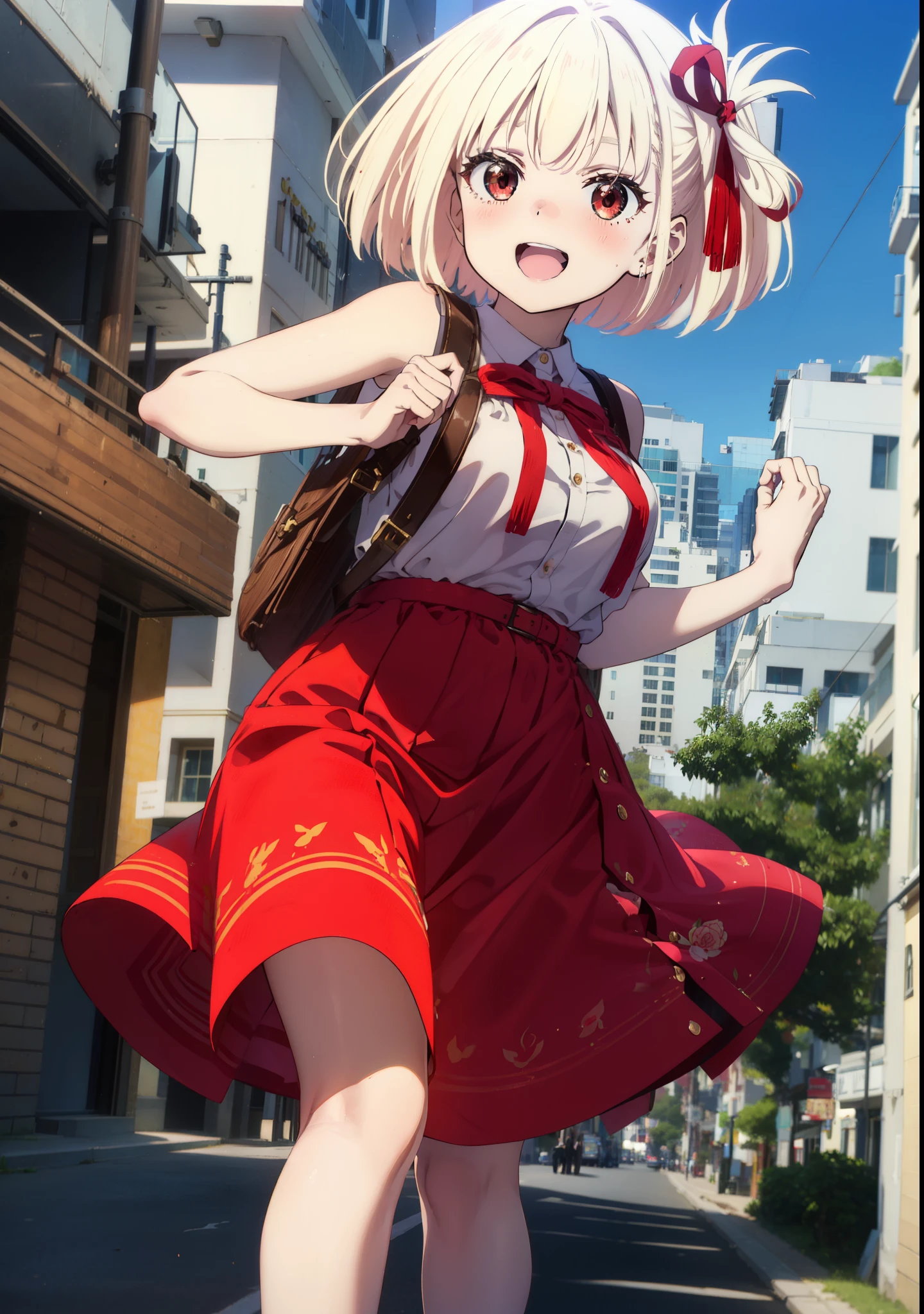 chisatonishikigi, Chisato Nishikigi, short hair, bangs, blonde, (Red eyes:1.5), Hair Ribbon, One side up, Bobcut,happy smile, smile, Open your mouth,
Open your mouth, Red sleeveless dress,Bare arms,Red long skirt,Cute Sandals,whole bodyがイラストに入るように,Daytime,sunny, walk,Looking up from below,break looking at viewer,whole body, break outdoors, In town,Coastal Road, break (masterpiece:1.2), highest quality, High resolution, unity 8k wallpaper, (shape:0.8), (Beautiful details:1.6), Highly detailed face, Perfect lighting, Extremely detailed CG, (Perfect hands, Perfect Anatomy),