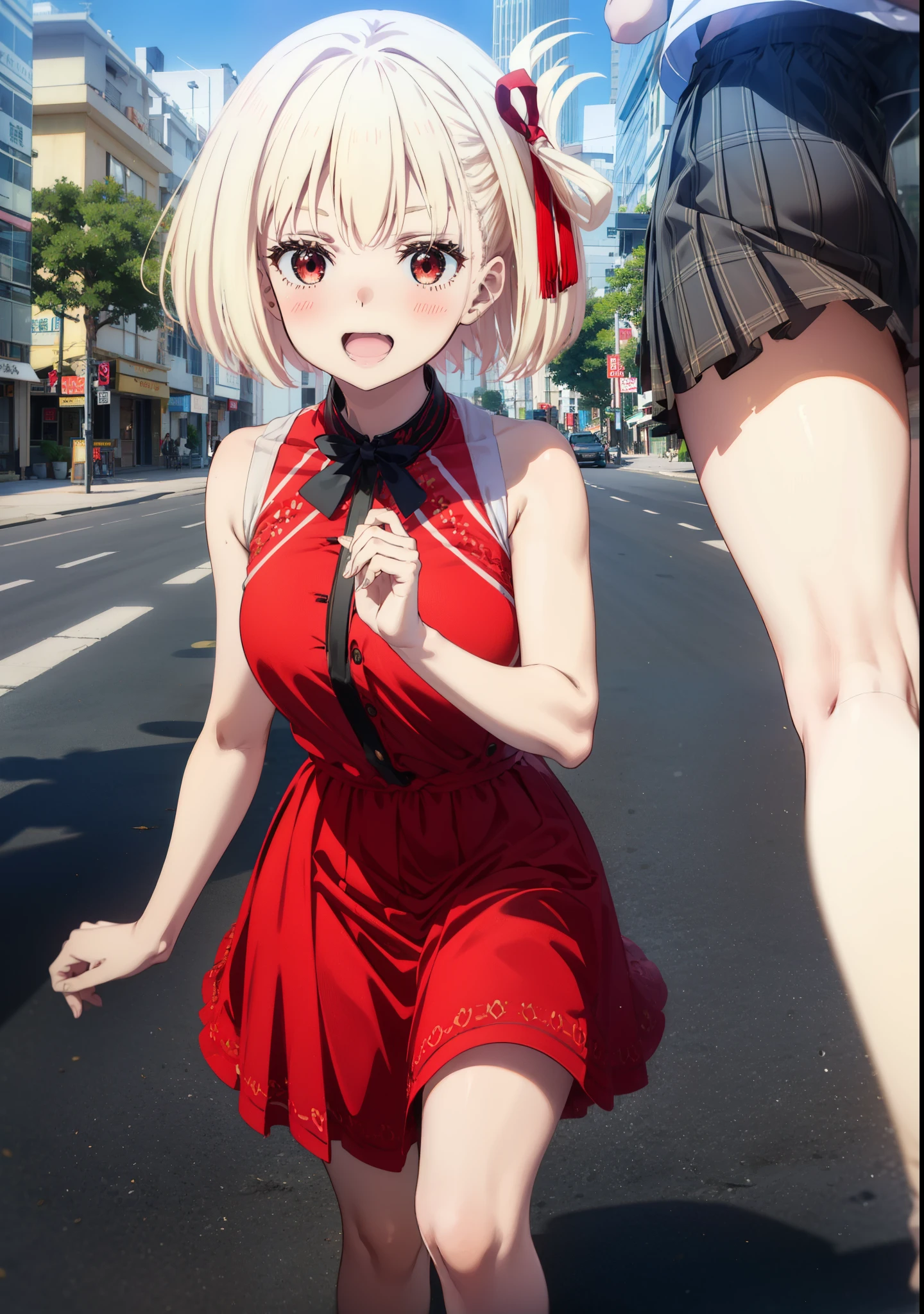 chisatonishikigi, Chisato Nishikigi, short hair, bangs, blonde, (Red eyes:1.5), Hair Ribbon, One side up, Bobcut,happy smile, smile, Open your mouth,
Open your mouth, Red sleeveless dress,Bare arms,Red long skirt,Cute Sandals,whole bodyがイラストに入るように,Daytime,sunny, walk,Looking up from below,break looking at viewer,whole body, break outdoors, In town,Coastal Road, break (masterpiece:1.2), highest quality, High resolution, unity 8k wallpaper, (shape:0.8), (Beautiful details:1.6), Highly detailed face, Perfect lighting, Extremely detailed CG, (Perfect hands, Perfect Anatomy),