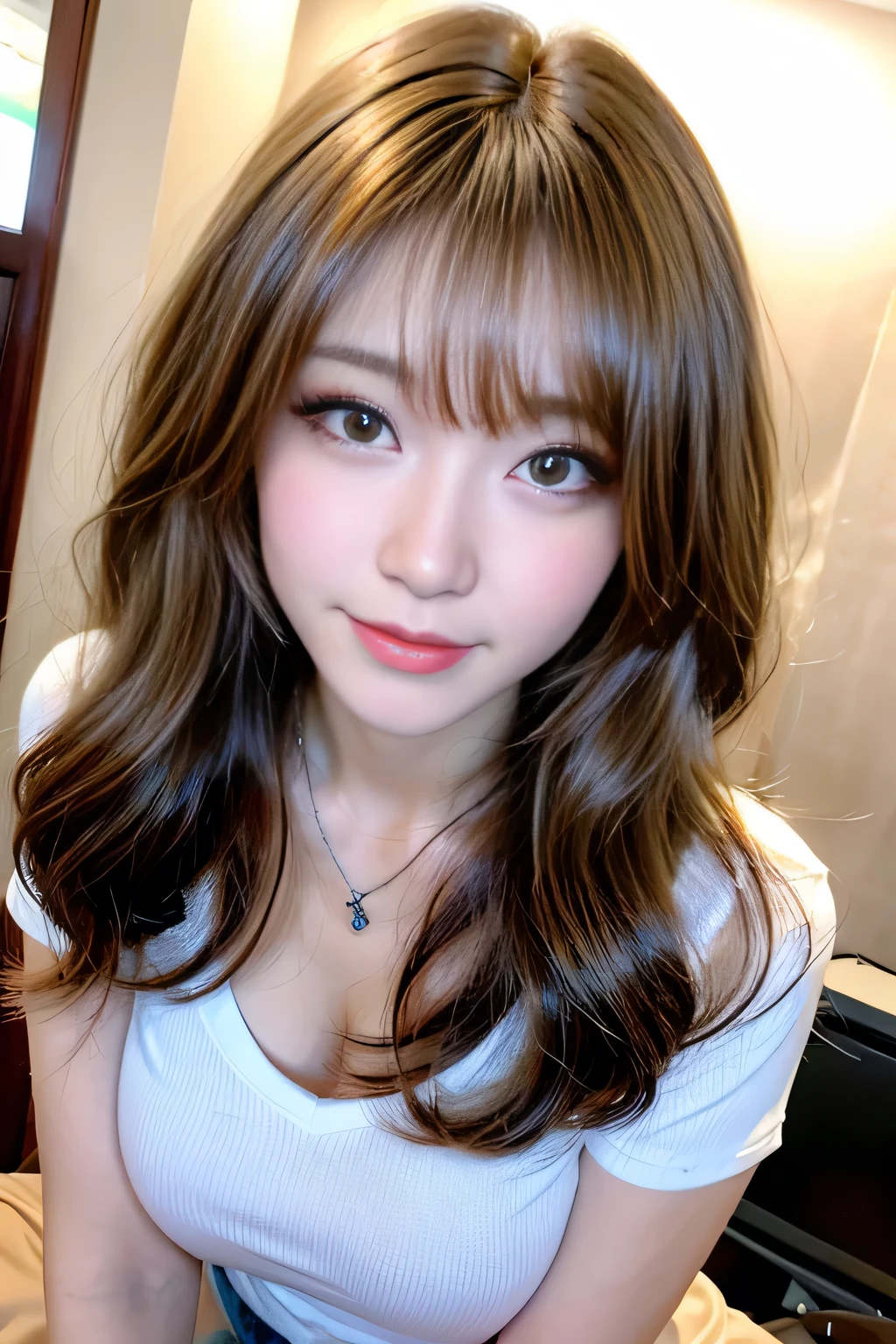 ((Full Body Angle))、((highest quality, 8K, masterpiece: 1.3)), concentrated: 1.2, Cute girl 1,Nipples erect、 Perfect beauty: 1.4,Cut and sewn T-shirt Raglan sleeve summer short sleeve T-shirt.Shorts: 1.2,Long sleeve、Randall Color、comics&Text Graphics、Black ruffle-trimmed drawstring zip blouse,1.1, Highly detailed face and skin textures, Fine grain, double eyelid, whitening skin, ,highest quality,Ultra-high resolution,you,1 girl,alone,_Shiny_skin,Iris,necklace,((Brown_length_Wavy_hair)),(lips)),eyelash,Front hair,deal with,compensate,Shiny,pore,skin texture,Large Breasts、smiling face、