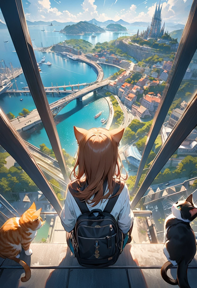 Full color, Ultra-realism, Detailed and intricate texture, Detailed and intricate brushwork, Detailed and clear depiction, (A hill overlooking the beautiful and sparkling port city、Park observation deck, ((Back view of a girl looking at a charming and majestic view)), On top of the wall that stretches right up to the side、Cats gather), View the scenery, Hopes for tomorrow, joy, Sadness, hope, BREAK Clear and vivid image, (Add layers of transparency), (Indifference, kind, aesthetic), Cinematic lighting effects, (Detailed and clear depiction, transparency:1.2), Ultra-high resolution, Use all kinds of effects to captivate your audience, Detailed and crisp image quality, 16k, Dynamic shot, A moving work that conveys the charm of the landscape, 