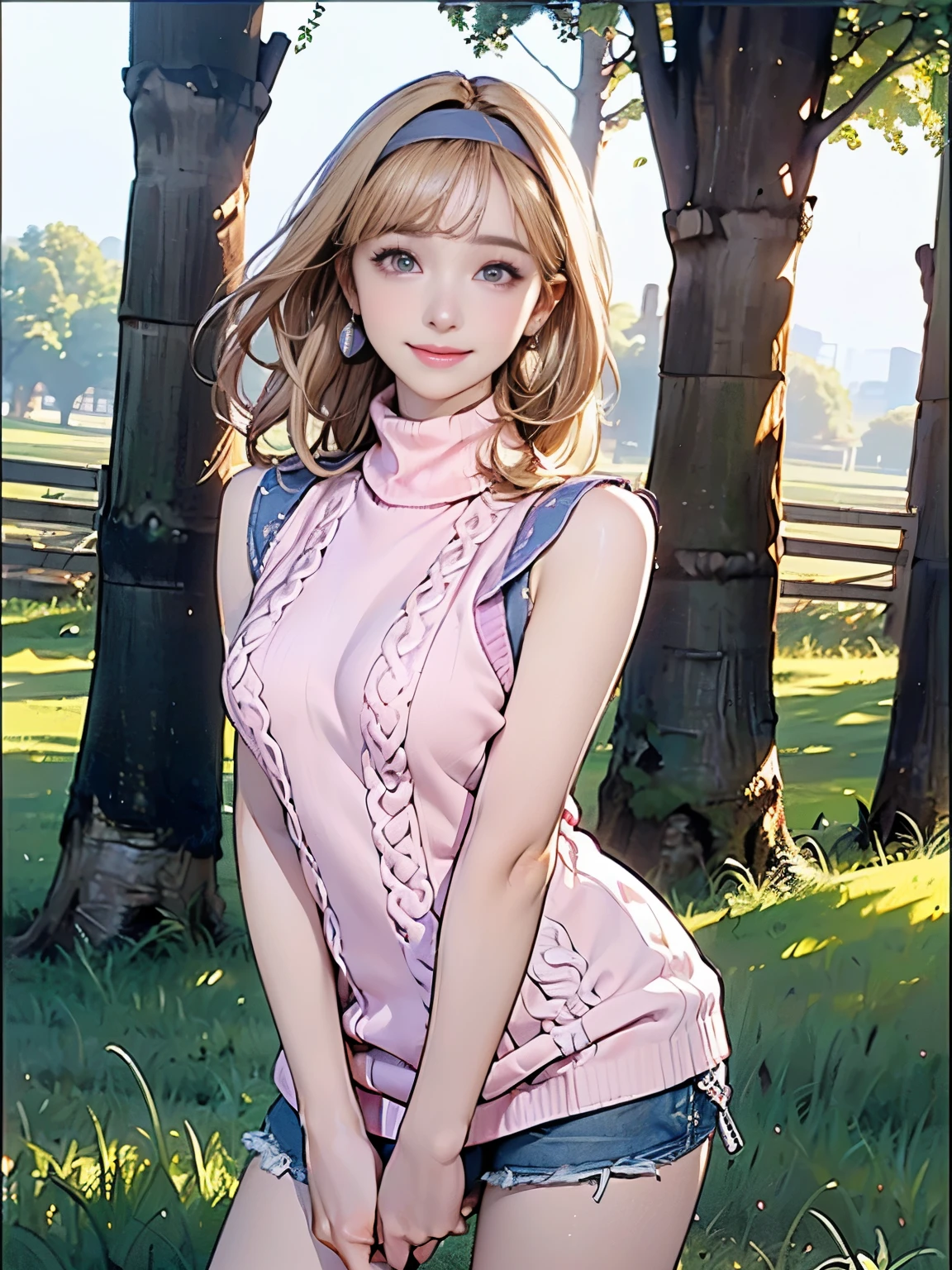 ((((highest quality))))、(((Ultra-precision CG16K wallpaper)))、(((masterpiece)))、(((Super detailed)))、(((Extreme detail)))、((1Mature 29 year old woman:1.6))、((Very beautiful Japanese faces))、((Zuo々Nozomi:1.5))、((Straight medium hair、blunt bangs:1.5))、((Shiny Blonde:1.5))、Beautiful delicate eyes、Brown Eyes、eyeliner、Eyeshadow、High nose、Small nostrils、Small Mouth、Seductive lips、Beautiful breasts、((C cup size breasts))、Beautiful feet、eight-headed body、Perfect proportions、Perfect Anatomy、Perfect composition、Beautiful detailed shading、Beautiful, natural lighting、Beautiful detail glow、Depth of written boundary、(((High chroma)))、(((Real:1.9)))、((vivid:1.5))、((Beautiful Skin))、((Skin Texture))、((Realな皮膚感))、(((Cowboy Shot:1.6)))、((front view、shoot from front、Front low angle:1.6))、(((smile:1.5)))、((The woman is looking at this、looking at viewer、Facing forward:1.6))、Bright daylight、Natural light、(((Grass Square、Trees:1.3)))、(Walking Pose:1.6)、(((Pink high neck sleeveless long sweater:1.6)))、((Headband、Wearing earrings:1.3))、((Knee socks clothing:1.3))、