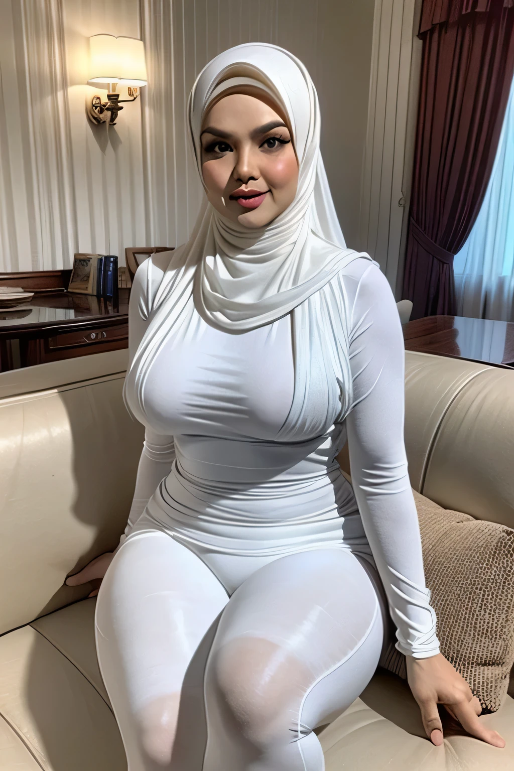 Gorgeous 45 years old ((matured)) malay single mom , (hijab, she just wear white tank top with legging,lighting effect, romantic,  living room, sofa, big breast mom, huge tighs, huge ass, nice cameltoe, mom , milf, seduce, solo, single, alone, horny, pov