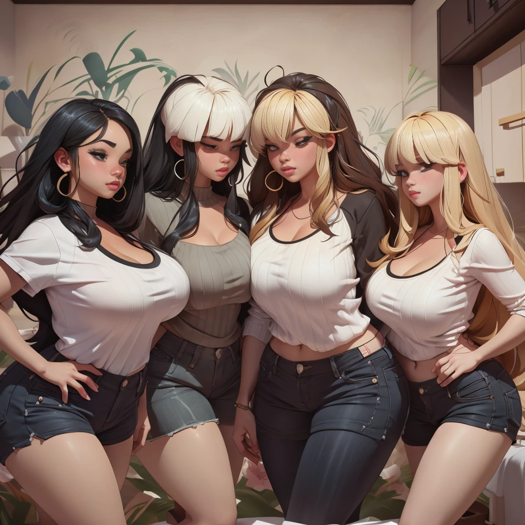  female、1 male、(european:1.2)、(blonde)、(Super beautiful)、(beautiful face:1.5)、30 year old womanl、gray blazer、(short skirt)、white shirt、large bedroom inside mansion (A single black man laying on his back, in-bed wearing shorts, in-center of composition) A diverse group of five young adult Americans, representing different ethnicities and characteristics, wearing yoga-pants and tank-tops, displays their unique beauty with perfect bodies, large breasts, wide thicc-hips, Among them, there are blonde young adult girls with auburn hair, emanating an air of natural elegance. Brown young adult girls with silky locks and a captivating sheen show off their exotic beauty. Also present are black young adult girls with stunning curly hair, highlighting their authenticity and cultural pride, (the women surround a singular BLACK MAN with short-hair, from all sides) (in a bed) the women kiss the singular Black Man, touch the singular Black man, masterpiece, high details, high quality, best quality.