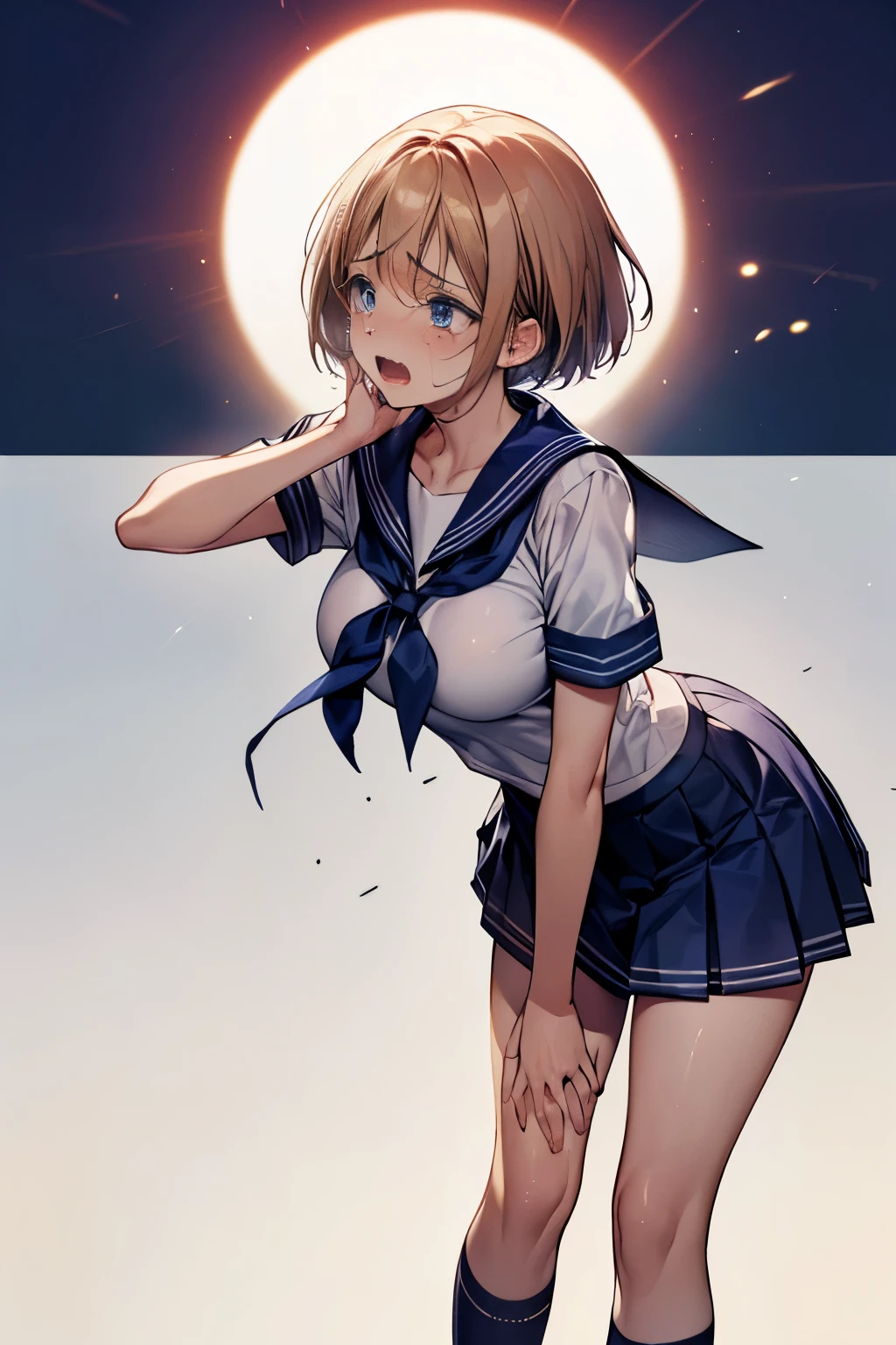 Browsing Caution,(((Perfect Anatomy, Anatomically correct, Very detailedな肌))), 1 girl, Japanese, high School girl, Shiny skin, Observe the audience, ((Back view, From below)), Beautiful Hair, Beautiful Face, Beautiful details, (short hair:1.1, Bobcut:1.2), Dark blonde hair:1, blue eyes, Baby Face, Mole under the eye, Beautiful clavicle, Beautiful body, Beautiful breasts, Big Breasts:0.5, Beautiful thighs, Beautiful feet,  ((Short sleeve, Cute Sailor Suit, All dark blue, Dark blue pleated skirt, Navy blue sailor collar, Sailor scarf, socks, Brown Loafers)), Captivating thighs, (Red Slave Collar), ((Embarrassing, Scared, sad, tears, cry, Half-open mouth)), Are standing, (((Leaning forward), Taking off white panties:1.8, Pulling down her white panties、Raise one leg,I&#39;m not wearing anything、Lower body naked、No underwear、 (Pull on white panties:1.5))), (Beautiful views), summer, School, locker room, 8k, highest quality, Masterpiece​:1.2, Very detailed), (Realistic), Beautiful illustrations, Natural light, whole body,Overflowing Sex Fluids:1.5