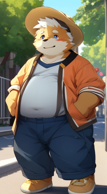 (best quality, 4k, highres, realistic:1.2), old man ,chubby guy，furry, white-haired, fattish man, naked, powerful, ultra-clear, young kid:1.1, black overalls, gold pupils, big eyes:1.1，soft belly, jacket, flat brim hat, giant, mountain sparrow, solitary, sweat, windbreaker, noticeable abs, urban style, clenched fist, large, looking at the audience, facing the street, windbreaker