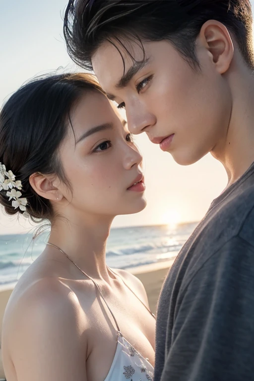 (man), (two young couples,same height,two college students,Different hairstyles), (28 years old), (By the beach), Film texture, Japanese movies,realism,real human, Beautiful light and shadow., blurred background, Long eyelashes,Totally naked,Double eyelids, handsome,youthfulness,refreshing,Asian people,I'm a shy person.,smile,Big eyes,round eyes,full body shot
